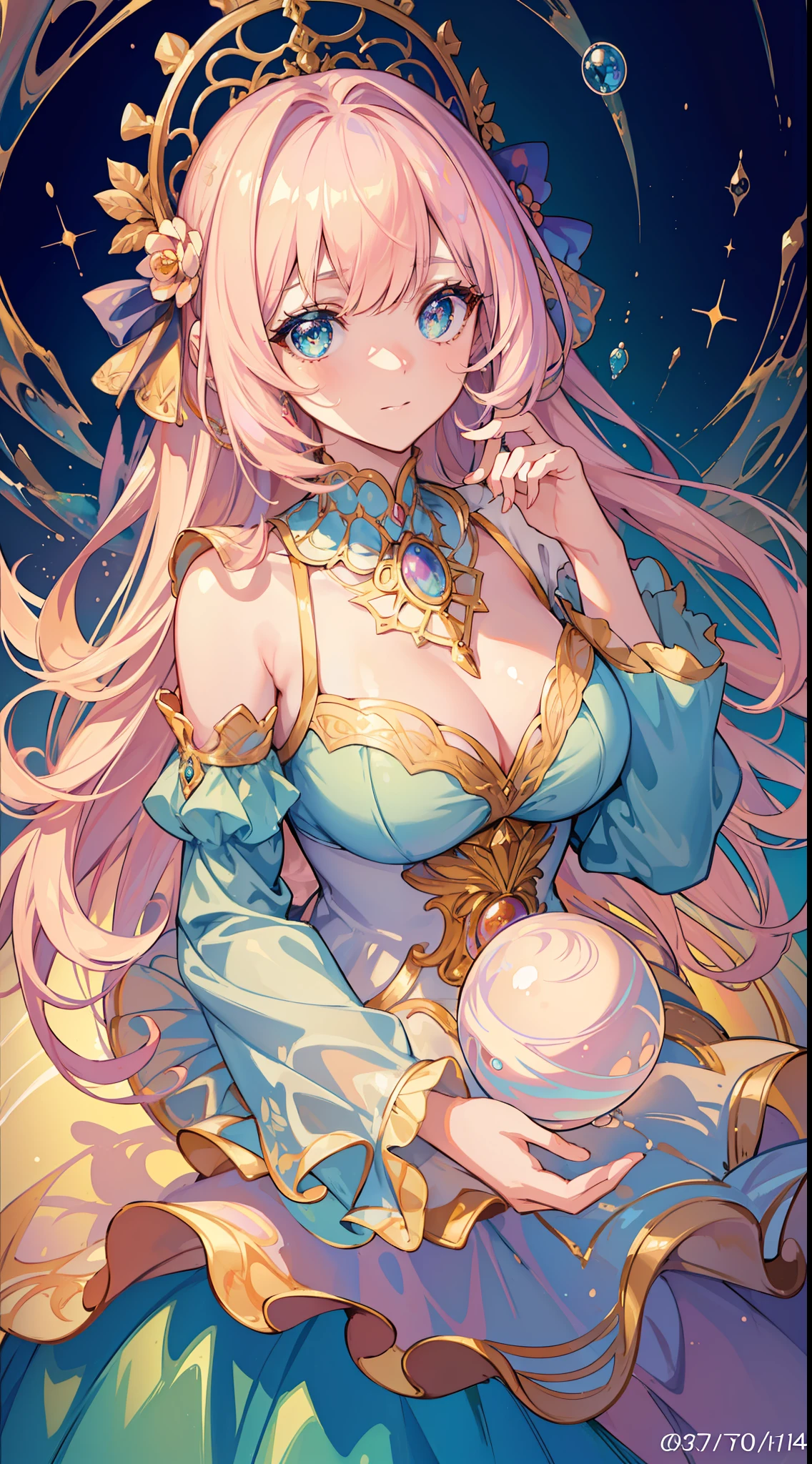 masterpiece, best quality, 8k resolution, sharp focus, intricate detail, beautiful girl, sparkling eyes, golden ratio face, otherworldly liquid, watercolor, pastel colors, bright colors, whimsical, colorful, sharp focus, high resolution, fine detail, ((layered tiered puffy long sleeves ballgown)), ((round eyes)), iridescent bubbles, fantasia background