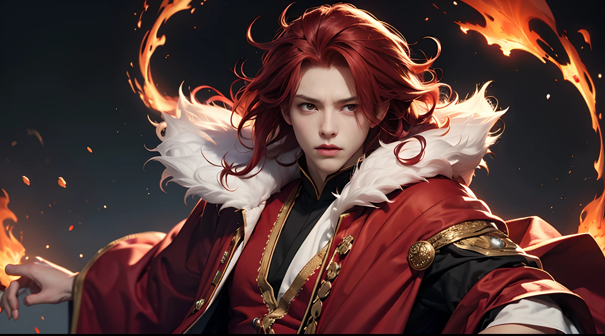 1 boy, (long red wavy hair), red eyes, bwlow average height, (Crimson Lion robe from Black Clover), fire background, cold face, 8k, high quality, noble clothes,
