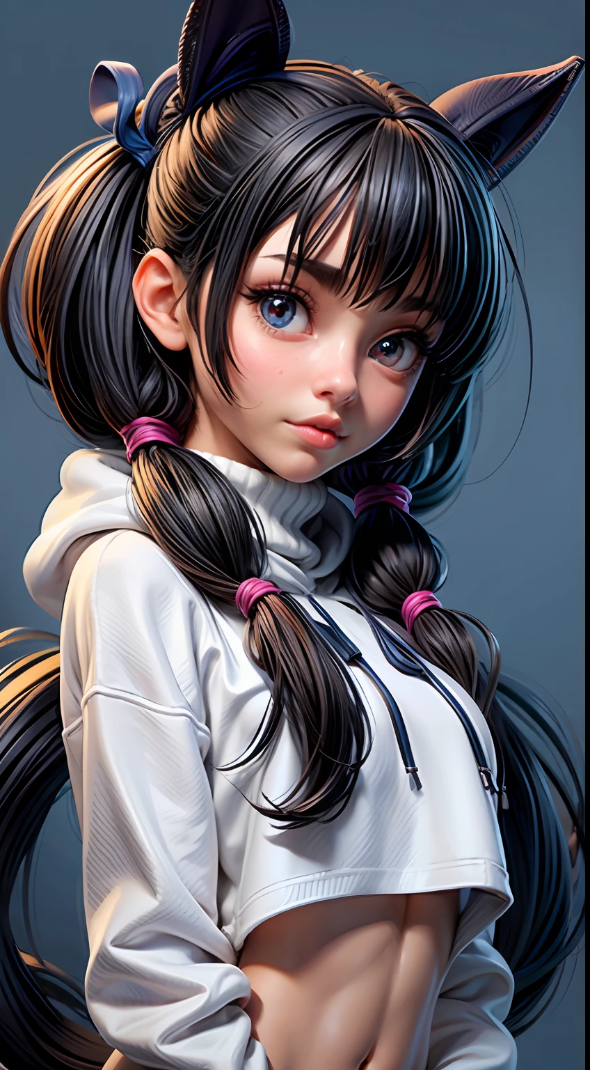 1girl, solo, long hair, hoodie, white hoodie, midriff, looking at viewer, blue background, black hair, simple background, twoes, lips, sexy mouth, ribbon, hair ribbon, bangs, turtleneck sweater, upper body, part side up, turtleneck, blue eyed bangs, black ribbon, ribbed hoodie, twin tails, nose,