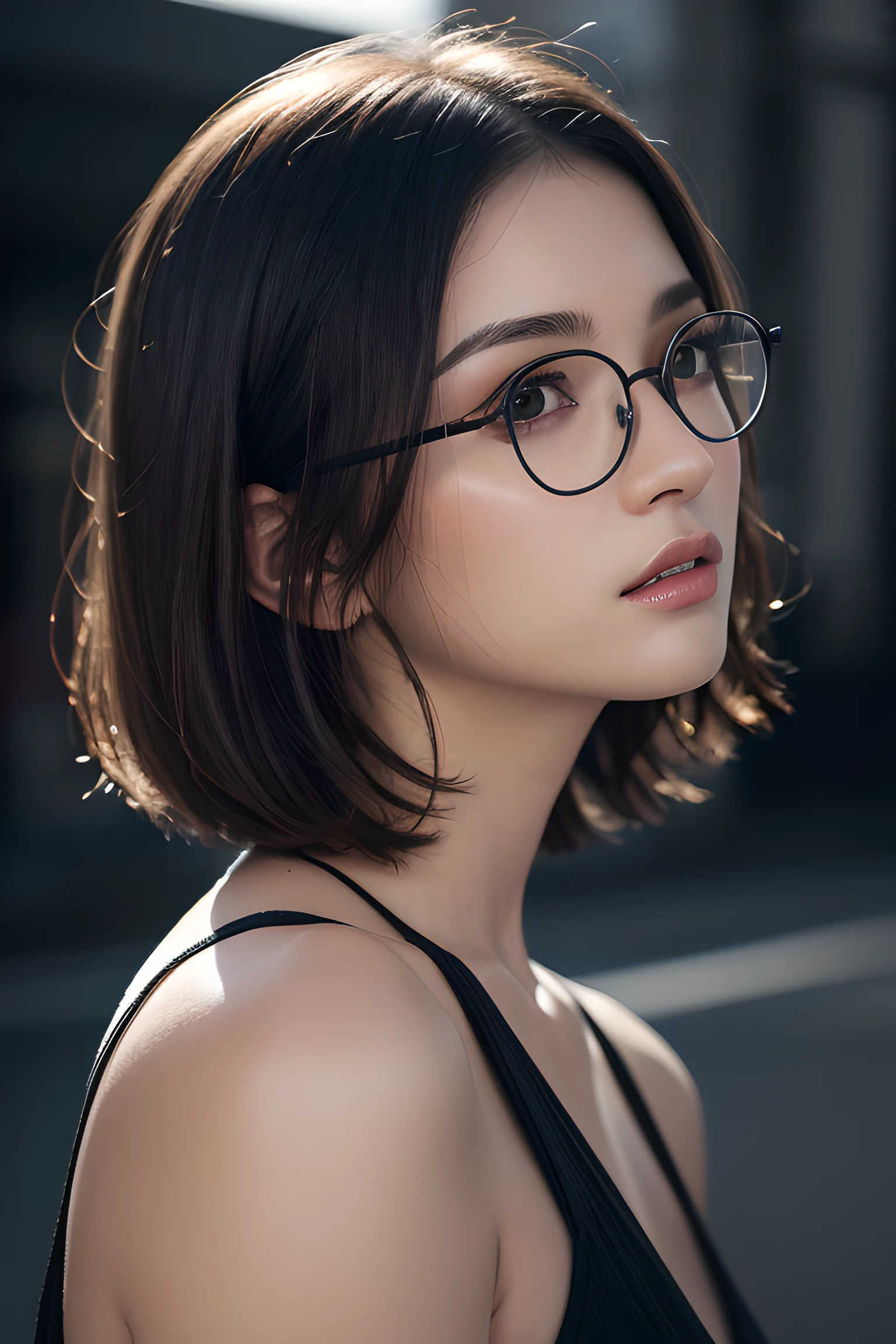 (masterpiece:1.3), (8k, photorealistic, RAW photo, best quality: 1.4), (1girl), beautiful face, (realistic face), (black hair, short hair:1.3), beautiful hairstyle, realistic eyes, beautiful detailed eyes, (realistic skin), beautiful skin, (round glasses), absurdres, attractive, ultra high res, ultra realistic, highly detailed, golden ratio, (night, dark, rim lighting, side view)
