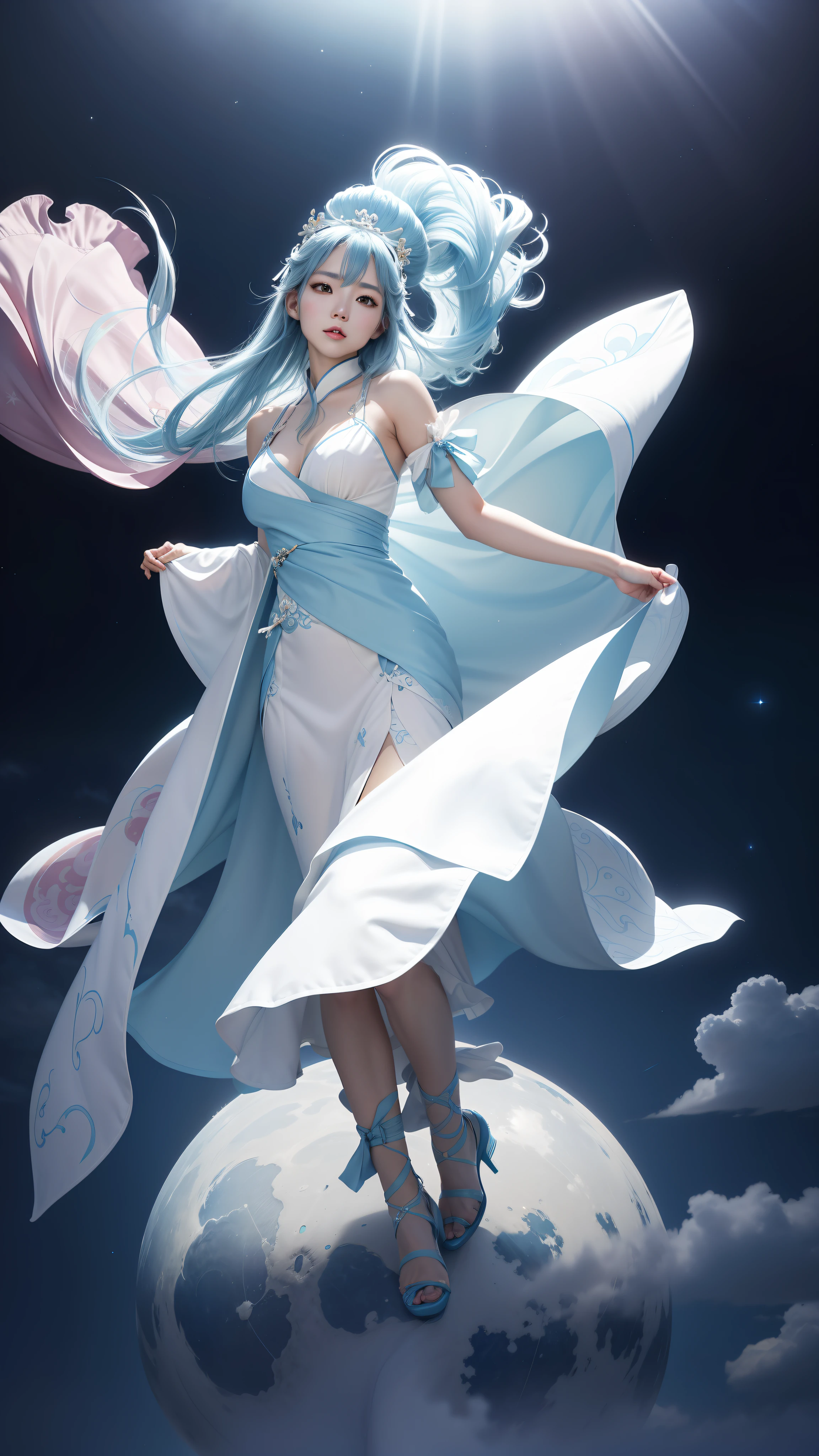 (first person perspective, in a panoramic view,magic realism,surrealism,Chiaroscuro, anime illustration:1.5,,Masterpiece, hyper HD, Super detail, High details, Best quality, A high resolution, A high resolution, Award-Awarded, Award-Awarded, Anatomically correct, 8K),(Delicate anime girl:1.5,blue hairs,Stand on the moon:1.5,clouds,There is a huge satellite suspended in space,Peaceful night sky in the background,Starcloud),( Chic girl,anatomy correct,Cinematic lighting,senior color matching)(in a panoramic view,Whole body diagram:1.5),(8K, RAW photo, Photorealistic:1.25) ,( Gloss on lips, eyeslashes, gloss face, Glossy glossy skin, best qualtiy, 超高分辨率, depth of fields, color difference, Caustics, Wide light, naturalshadow, Headgear, Kpop idol) ,Pink and blue style:1.5,1girll,,Tall and thin beauty goddess,A flowing dress,conservative girl,cloud goddess,Flowing blue and white patterned fabric,wearing flowing dress,Realistic, (Wind: 1.5),(full bodyesbian:1.5),(Anime girl with blue hair and corolla blue and white dress,palaces,hanfugirl),(Guviz-style artwork,Guvitz,inspired by Leng Mei,A beautiful fantasy queen,Inspired by Lee Mei Shu,Popular on CGstation,Inspired by Ai Xuan,Blue and white Hanfu,High heels,a beautiful fantasy empress:1.5)