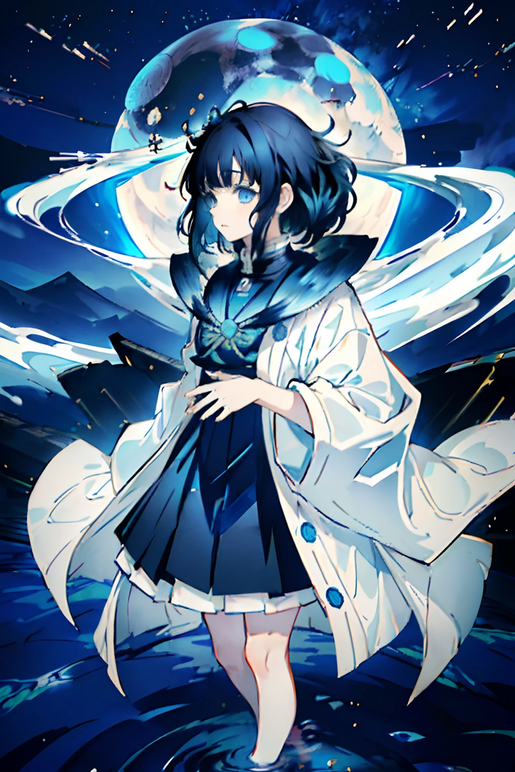 Kimetsu no Yaiba style, 1girl, Medium curly hair,  Sloppy hair, navy blue hair, Two curly strands in front, Bangs, blue eyes,  japanese clothes, ((Exposed white coat)), 独奏,  ((portraite of a)), ((Masterpiece)), (((hiquality))), standing knee-deep in water, luna, Looking at the sky, the stars