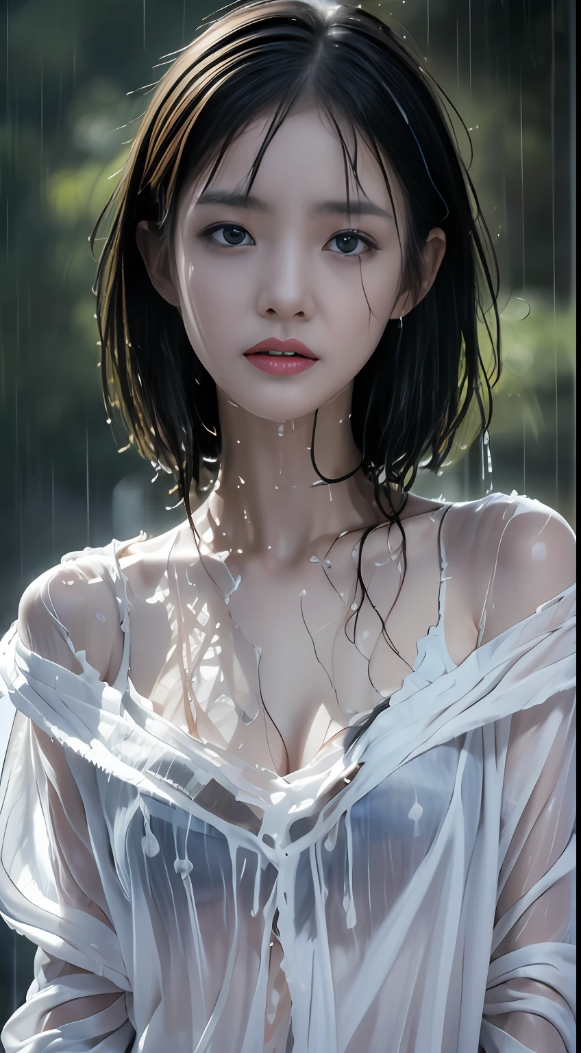 Best picture quality, masterpiece, ultra high resolution, (fidelity :1.4), photo, 1 girl,[(sadness)],white shirt, Dim, dark, desperate, pitying, pitiful, cinematic,tear,teardrop,(Torn clothes:1.5), (Wet clothes:1.4), bare shoulders,Real rain,wet hair,..