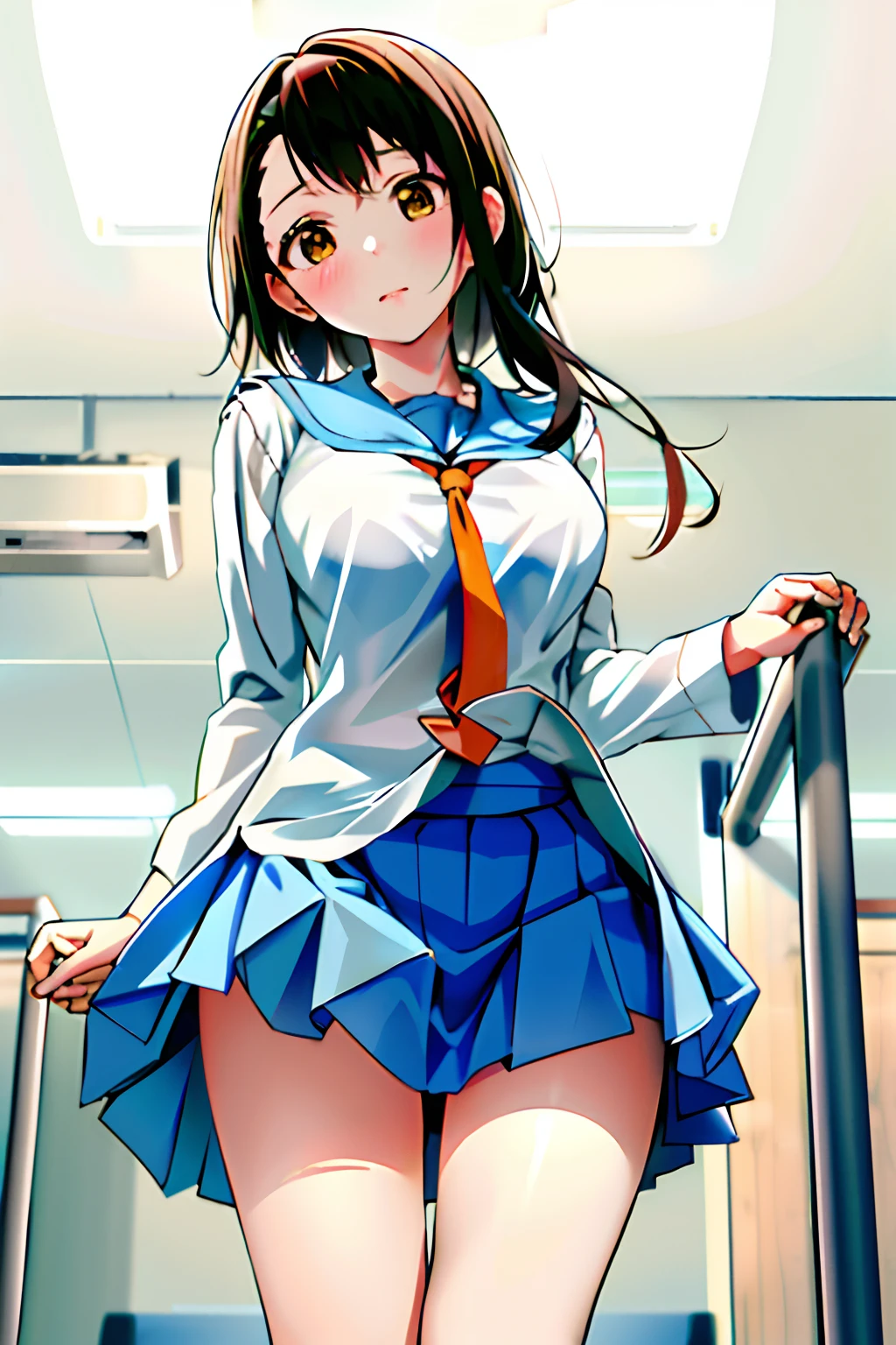 Masterpiece, Best Quality, hight resolution, (ONDR:1.1), 1girl, school uniform, upskirt, ankle socks, white socks, serafuku, Blue skirt, pleated skirt, Cowboy shot, tie, exteriors, Cowboy shot, Standing Tea, wearing school uniform, wet and sheer bra,