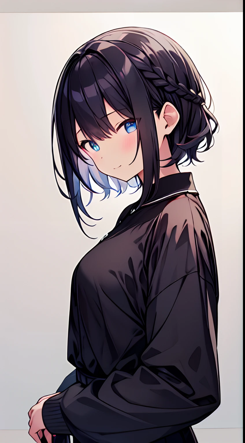 masutepiece, Best Quality,Illustration, Wallpaper, Ultra Detail, 1girl in,Solo,Beautiful detailed eyes,Very thick contour lines、Medium Short-Cut Hair、Short, Braided hair、(student clothes)、Dark hair color、a serene smile、Kamimei、Angle from which you can see the whole body、Overlooking angle:1.2、small head、ample breasts