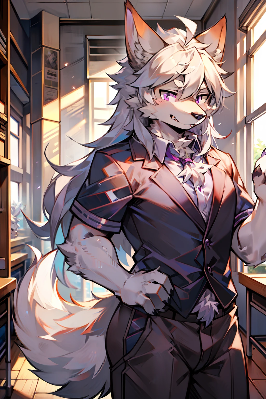 solo person,shaggy male,hairy bodies,shoun,coyote,canid,Gray fur,long white hair,The ends of the hair are purple,Purple eye,Bullied,adolable,Handsome,large tail,full bodyesbian,school ground,at class room,in school uniform,It's a physical education teacher