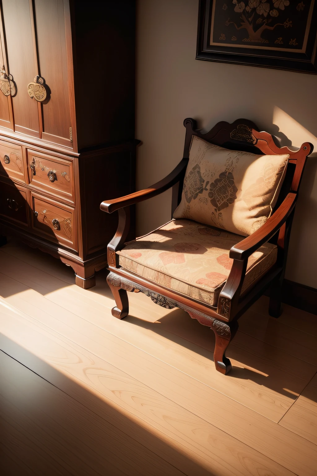 A close-up of a pillow on the chair, extremely detailed furnitures, single chair, wooden chair, wood carved chair, armchair, finely detailed furniture, chinoiserie pattern, Chinese style, old furnitures, Chinese traditional, Wooden furniture, ancient chinese ornate, old furnitures, King, chair, wood furnishings, inspired by Ju Lian