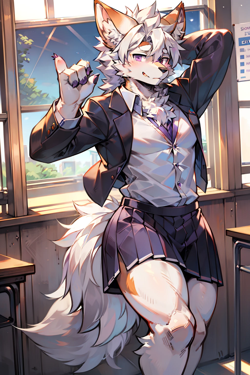 solo person，shaggy male，hairy bodies，shoun，coyote，canid，Gray fur，long  white hair，The ends of the hair are purple，Purple eye，Bullied，adolable，Handsome，large tail，full bodyesbian，school ground，at class room，in school uniform，It's a physical education teacher