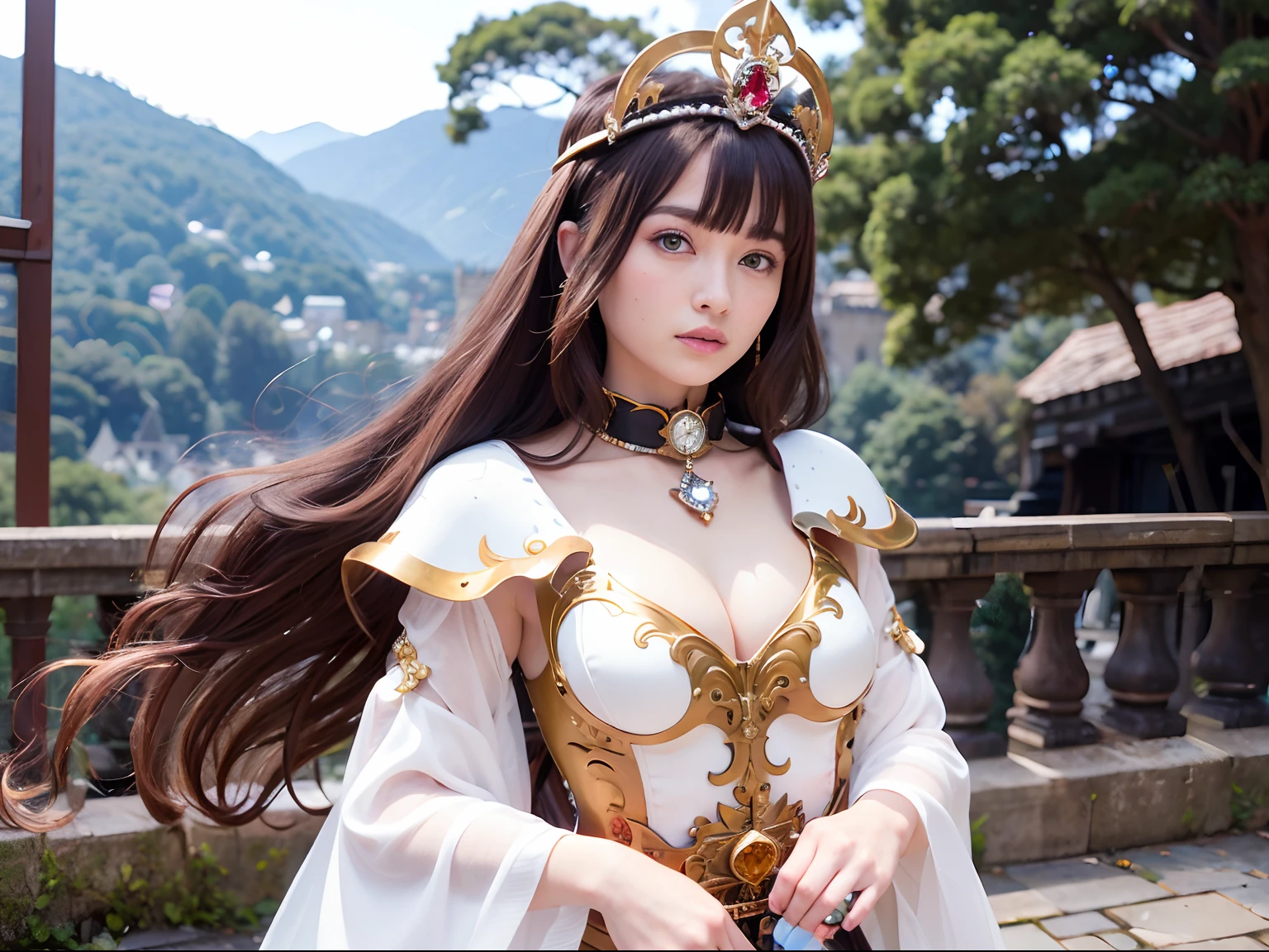(masutepiece), Professional , masterpiece、top-quality、photos realistic , depth of fields (Gemstone Silver Metal Body:1.9),(Matte White、Jewel Gold Weapon、(Gorgeous castle background)、(ultimate beauty girl)、(Jewel Metal Body:1.4),Gorgeous Jewel Metal Weapons , Detailed Sword of the Brave ,( Soldier background in metal armor) ,warhammer 40k , adepta sororitas,Detail and ornate jewel crown、独奏、Brown hair、(Gangle's forest background)、Beautiful Caucasian beauty、1a person、dynamic ungle,(((Diamond tiara with detail and luxury)))、a small face、A smile、Powerful poses、(Gorgeous castle background)、huge filesize、20 year old beautiful woman、Stand in the center of the screen、Thin female fingers、Straight long hair、Beautiful Caucasian beauty、