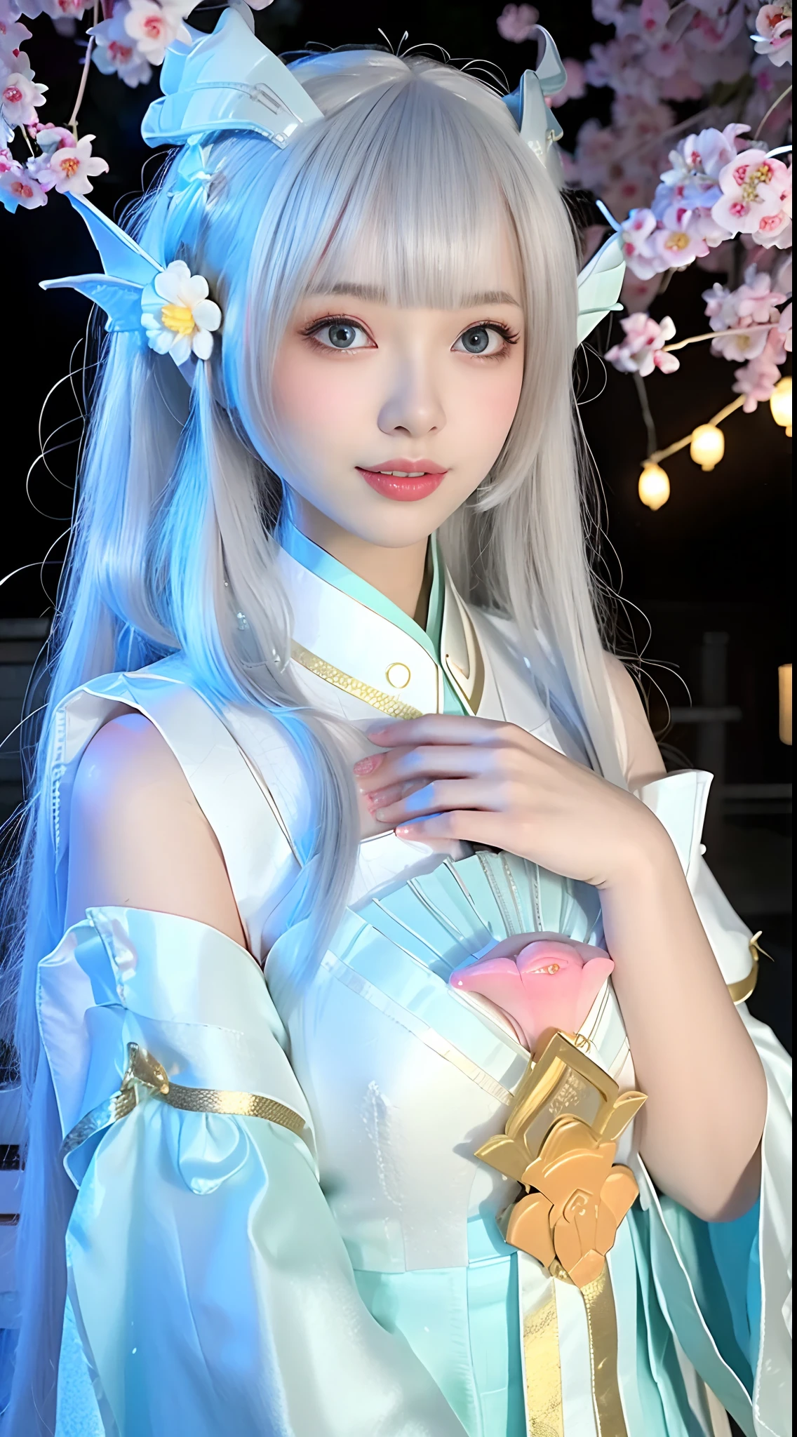 (ulzang-6500-v1.1:0.8),(RAW photo:1.2),((Photorealistic:1.4)),(Upper body),Best quality ,Masterpiece, An extremely delicate and beautiful, Extremely detailed ,CG ,Unity ,8K wallpaper, Amazing, finedetail, Masterpiece,Best quality,offcial art,Extremely detailed Cg Unity 8K wallpaper,absurderes, unbelievable Ridiculous, hugefilesize, Ultra-detailed, A high resolution, Extremely detailed,Beautiful detailed girl, Extremely detailed eyes and face, Beautiful detailed eyes,light in face,Cinematic lighting,1girll,view the viewer,east asian architecture,(The background is blurred out:1.2),Cherry blossoms, Lantern light, Depth of field,