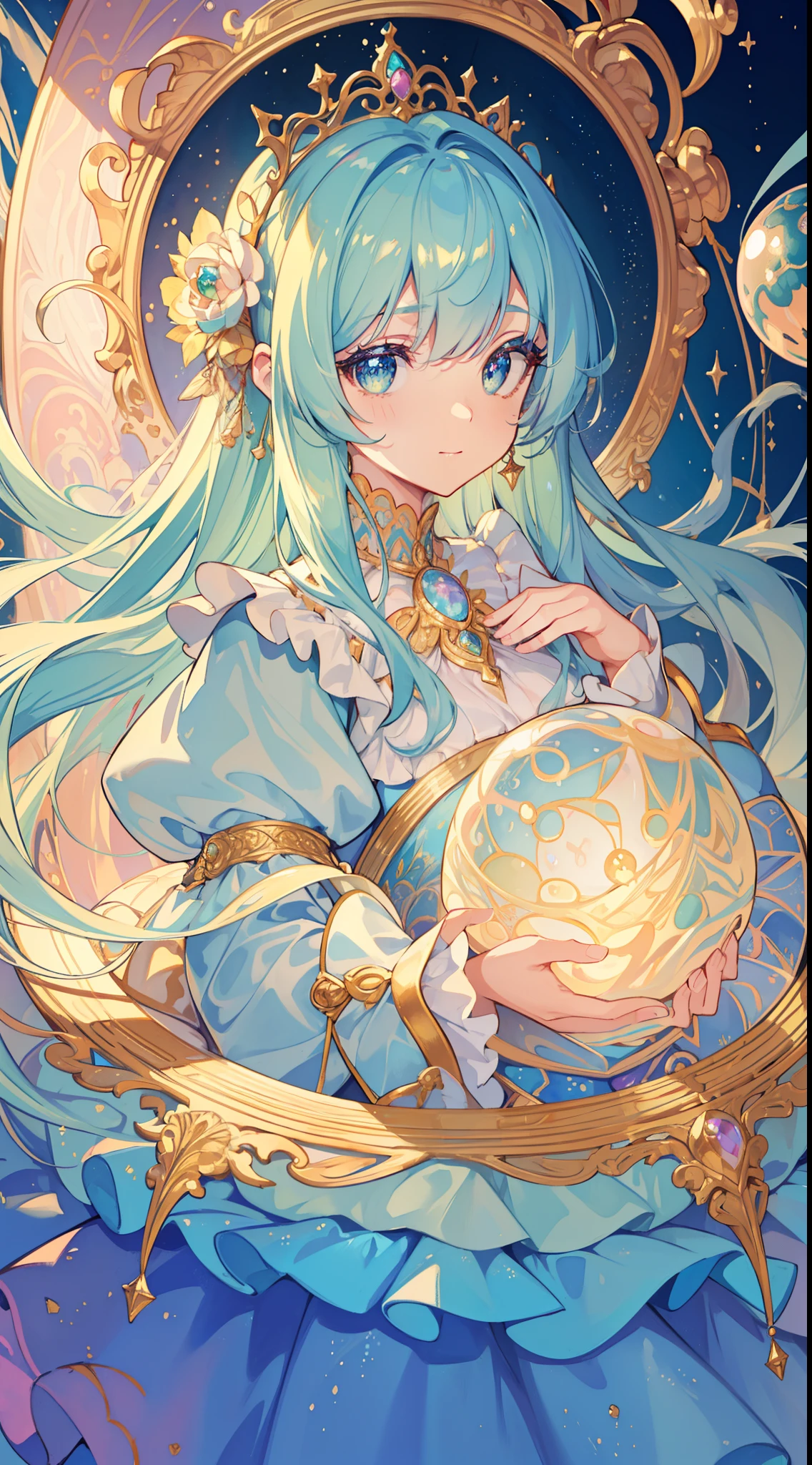 masterpiece, best quality, 8k resolution, sharp focus, intricate detail, beautiful girl, sparkling eyes, golden ratio face, otherworldly liquid, watercolor, pastel colors, bright colors, whimsical, colorful, sharp focus, high resolution, fine detail, ((layered tiered puffy long sleeves ballgown)), ((round eyes)), iridescent bubbles, fantasia background