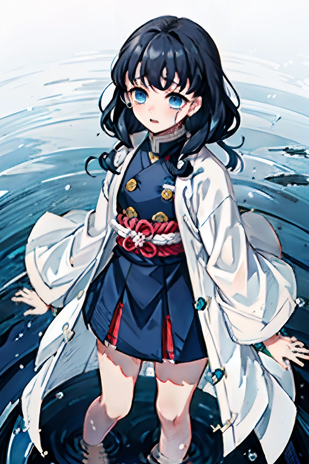 Kimetsu no Yaiba style, 1girl, Medium curly hair,  Sloppy hair, navy blue hair, Two curly strands in front, Bangs, blue eyes,  japanese clothes, ((Open white coat)), 独奏,  ((portraite of a)), ((Masterpiece)), (((hiquality))), standing knee-deep in water, luna, tears on my face