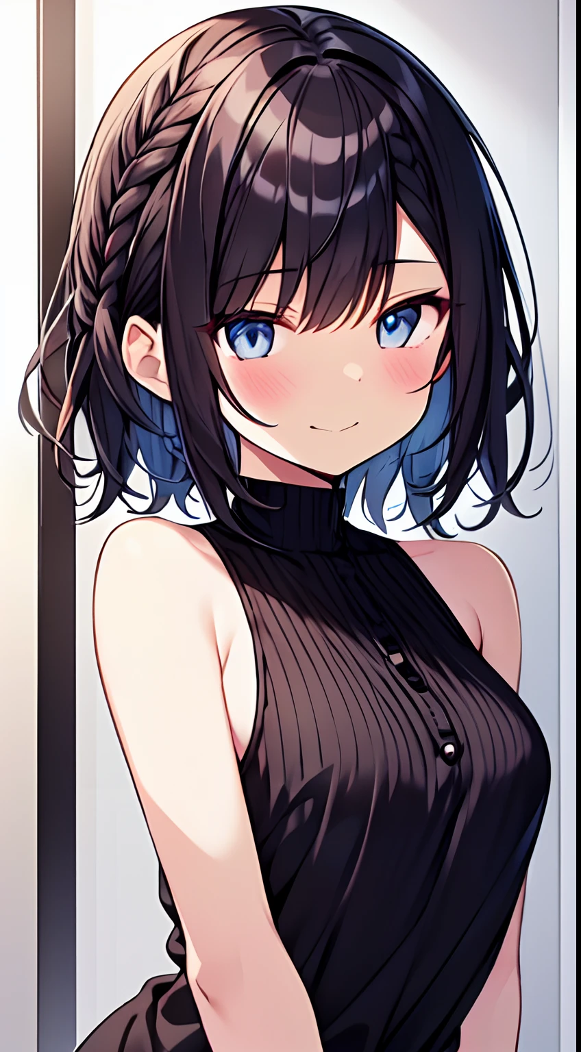 masutepiece, Best Quality,Illustration, Wallpaper, Ultra Detail, 1girl in,Solo,Beautiful detailed eyes,Very thick contour lines、Medium Short-Cut Hair、Short, Braided hair、(sleeveless、student clothes)、Dark hair color、a serene smile、Kamimei、Angle from which you can see the whole body、small head、ample breasts