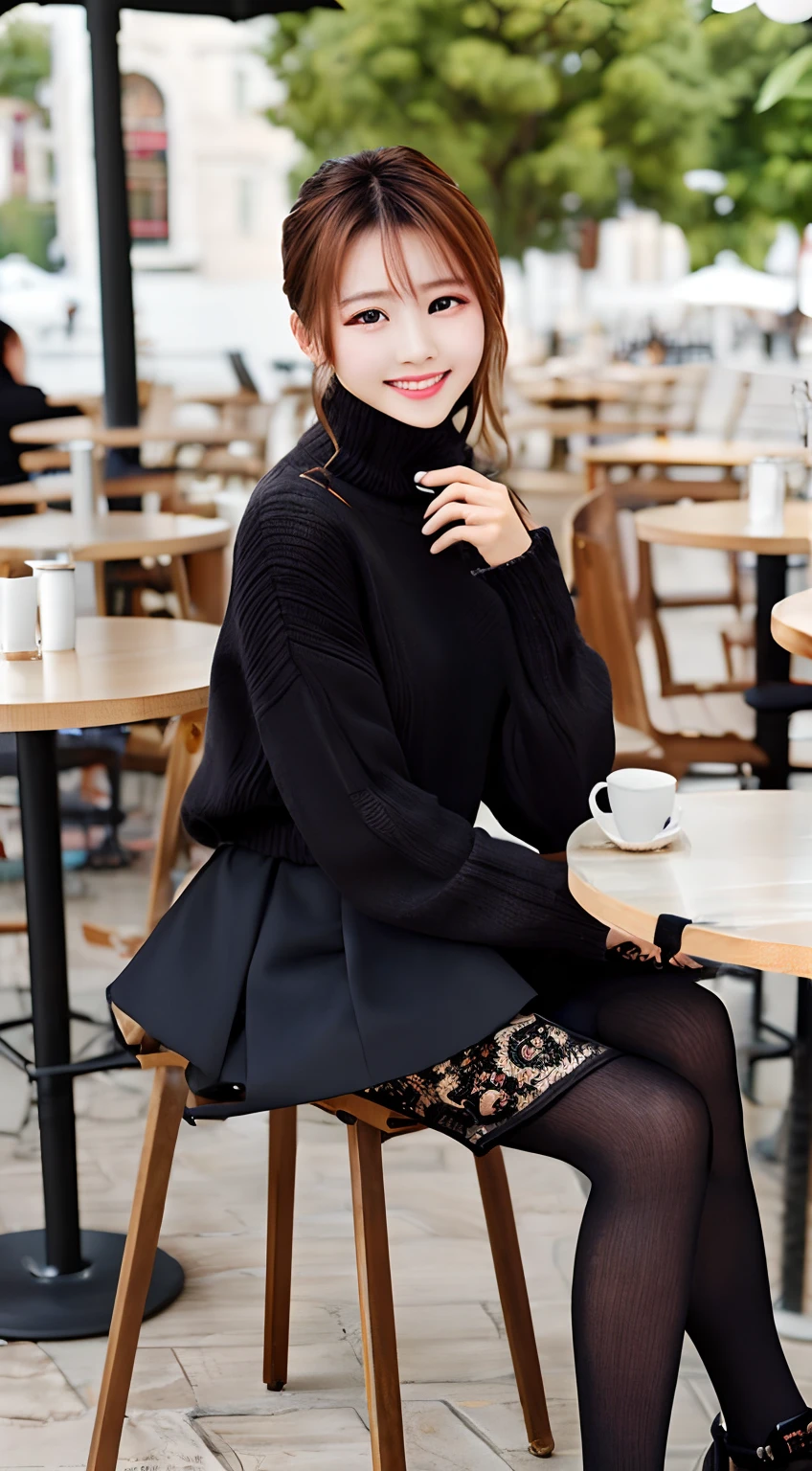 8k uhd, dslr,film grain, pantyhose, tights, Fujifilm XT3,(best quality:1.3), (masterpiece:1.1), high resolution, cinematic light, intricate details, (photorealistic),outside,beautiful outside,sunny,
korean girl,(in cafe:1.5) , dimples, looking at viewer, detailed trees, ribbons, bowties, bare shoulders, ribbed sweater, 
pencil skirt, high-waist skirt, head rest, sitting, indoors,
 necklace,black pantyhose, sheet transportation sweater, (smile),(full body:1.6),slender,