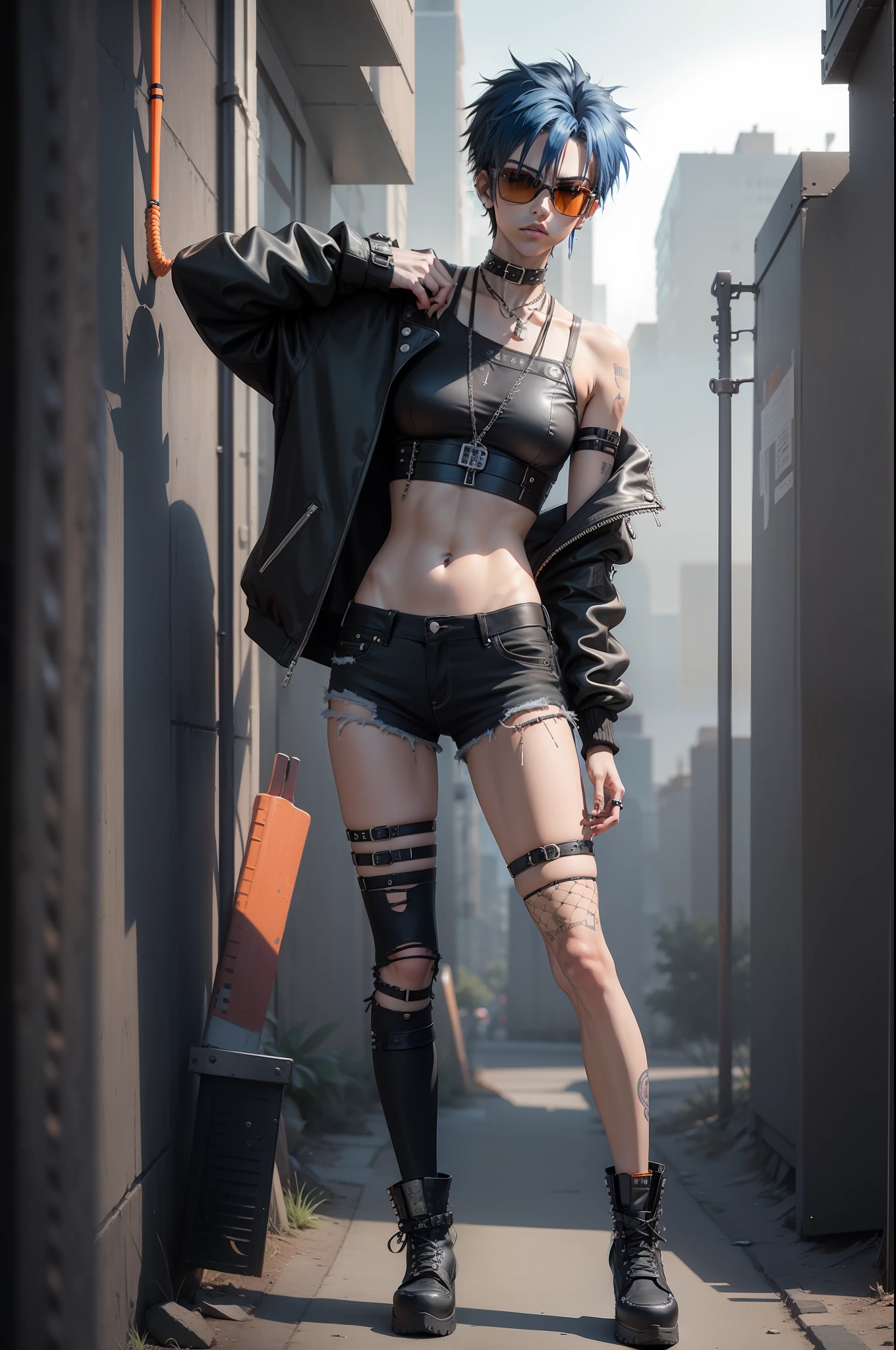 Tall and skinny 80s punk rock boy with midnight blue hair with two long strands in the front, wearing oversized orange round sunglasses, wearing black spiked choker, wearing black fishnet crop top, wearing black ripped armwarmers, wearing black ripped jeans, wearing goth platform boots, playing guitar, full body, freckles, anime, 8k, high resolution