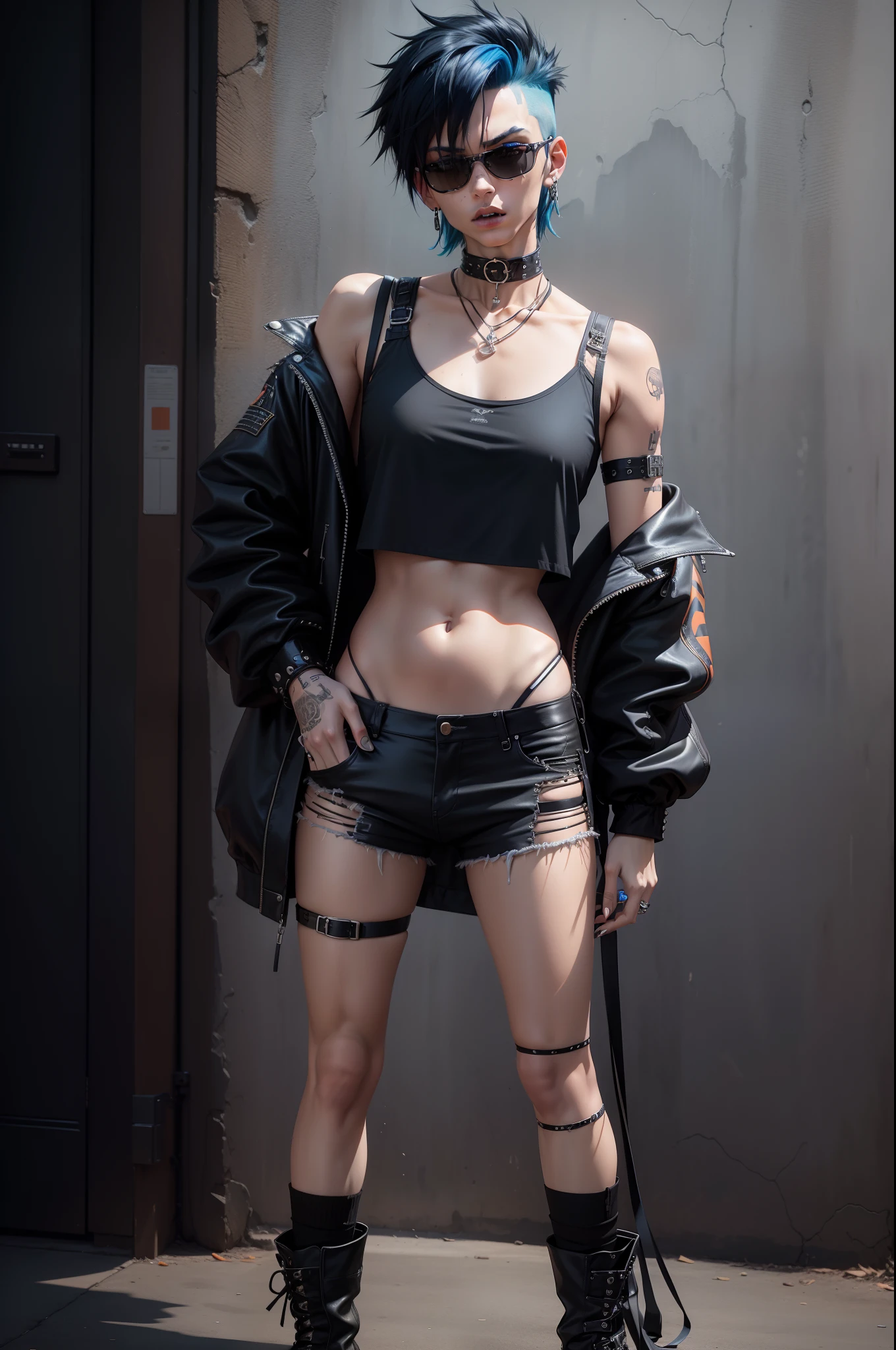A hot cute young woman dressed in sexy cyberpunk clothes, facing camera, a little smile, standing in front of a wall of computers, intricate designs, Smokey room, Celtic tribal tattoos, ((purple eye iris, flat chested, toned abs, baby face)), (intense colors), undercut purple hair with ponytail, cyberpunk background, dressed in cyberpunk leather clothes, cameltoe showing, puffy vulva