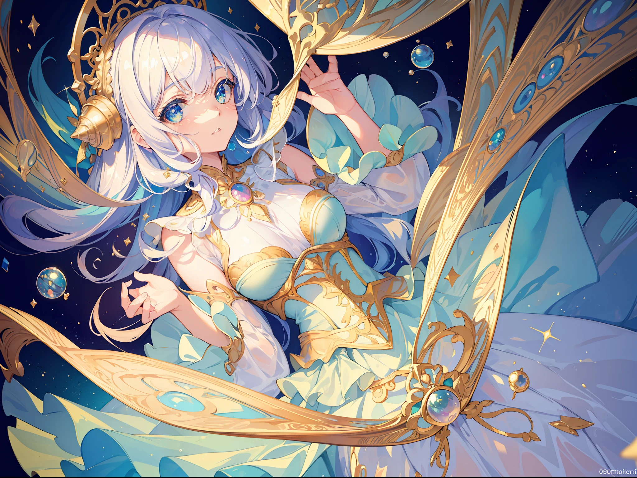 masterpiece, best quality, 8k resolution, sharp focus, intricate detail, beautiful girl, sparkling eyes, golden ratio face, otherworldly liquid, watercolor, pastel colors, bright colors, whimsical, colorful, sharp focus, high resolution, fine detail, ((layered tiered puffy long sleeves ballgown)), ((round eyes)), iridescent bubbles, fantasia background