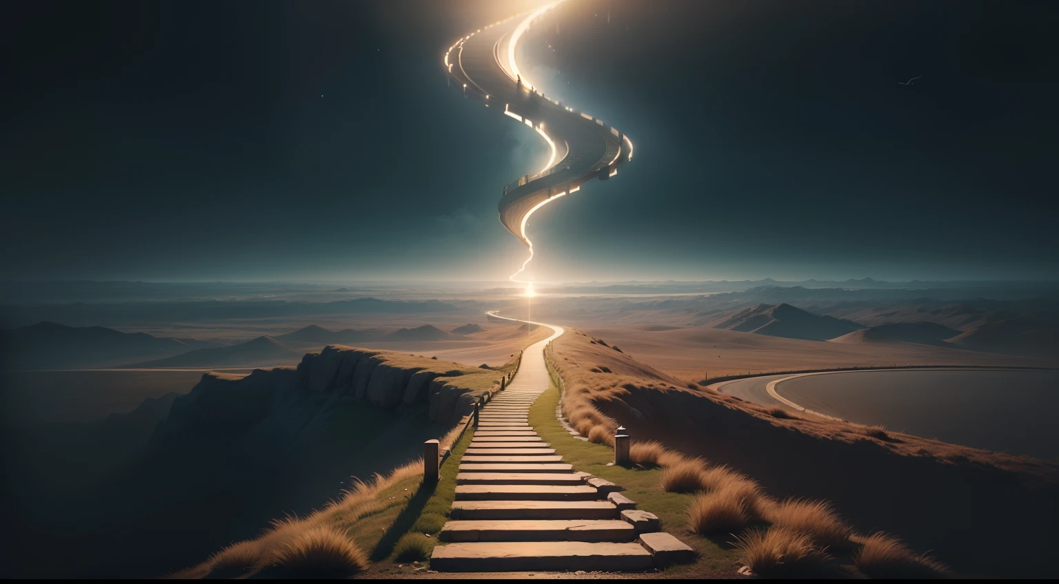 a winding path that leads from an initial darkness to a horizon of light, symbolizing the journey of forgiveness
