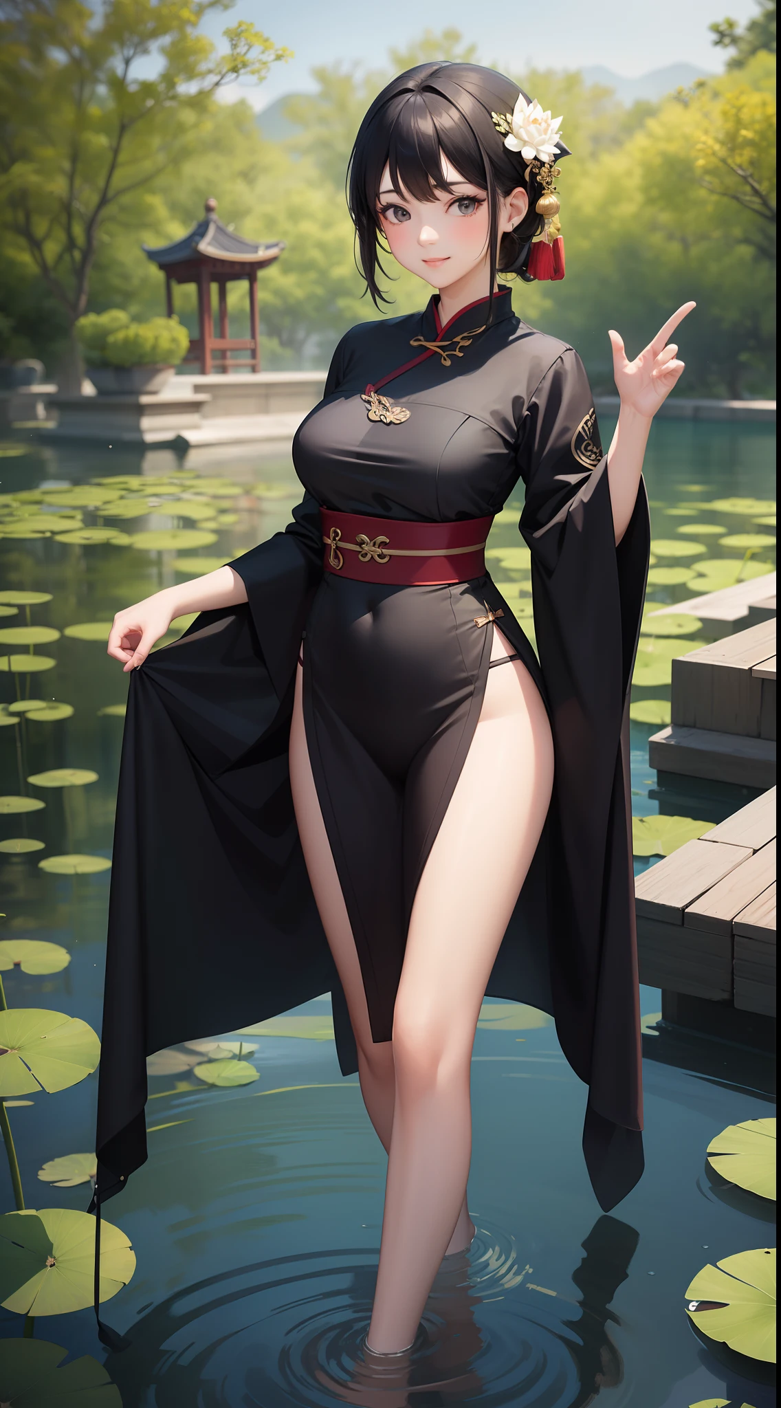 hoang lap，A high resolution，ultra - detailed，photo-realistic（1girll：1.3），handpainted，Simple lines，-yeld giwearing black Chinese Hanfu，beuaty girl，In the lotus pond，tmasterpiece，standing in water，black pantyhoses，black pantyhoses，ssmile，looking toward the viewer，Large round chest，Gestures are natural，Raised sexy，Flame it up