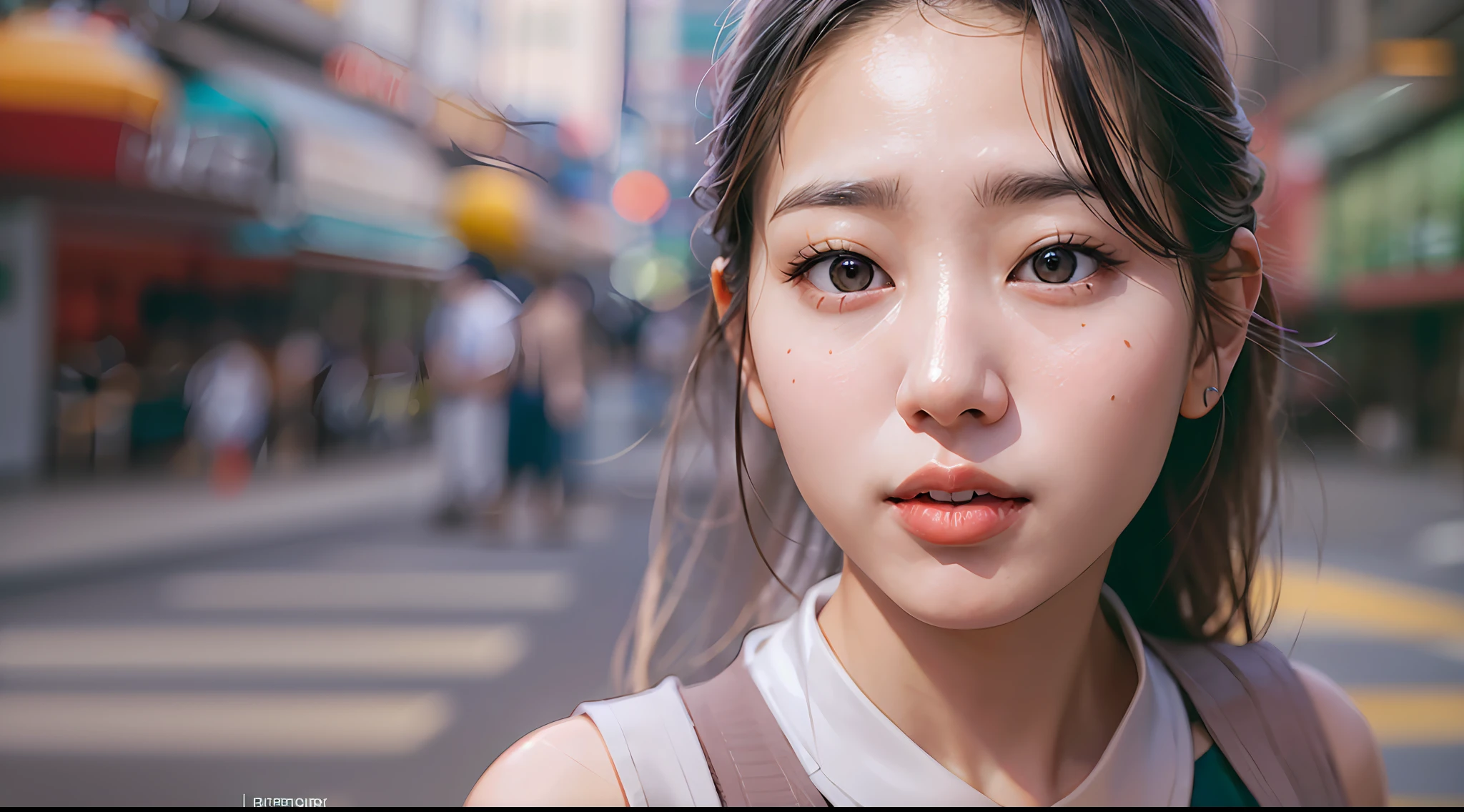 ultra detailed, highres, (realistic, photo-realistic:1.4), 8k, raw photo, (masterpiece), (best quality), physically-based rendering, (The model's face, identical to the current seed's photo), (Draw only one person), A Korean college student, Slightly droopy eye corner, On a bustling Seoul street, she stood confidently, taking in the energy and vibrancy of the city as she breathed in the sweet scent of street food and smiled at passersby. Realistic photography, professional color graded, 8K, F2.4, 35mm.