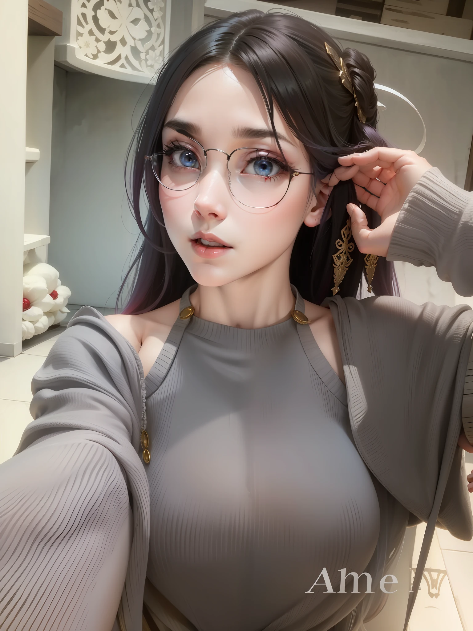 ((Very nice woman completely undressed)), ((in black open shirt: 1.5)), ((underwear), 40k, photography, masterpiece, best quality, gray background, ((purple eyes)), (purple hair), she wears glasses on her beautiful face, white skin, in a variety of poses, ((medium chest :1.4)), ((Very soft breasts)), Ultra-detailed face, Detailed eyes, ((( she is wet)))
