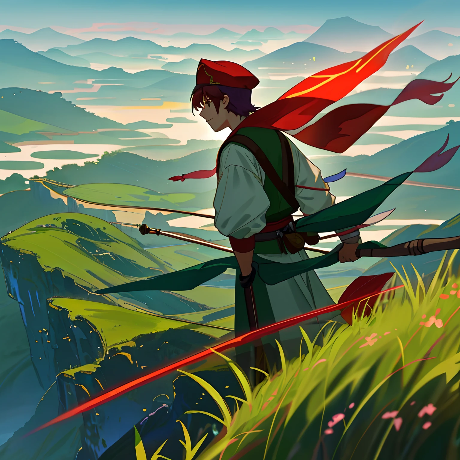 holding a longbow，Adonis，China-style，redheadwear，Scar，Green mountains and green water in the distance，火焰，man，Fairy air fluttering，Back Shadow