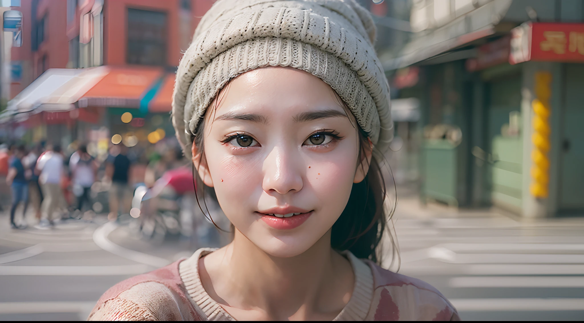 ultra detailed, highres, (realistic, photo-realistic:1.4), 8k, raw photo, (masterpiece), (best quality), physically-based rendering, (The model's face, identical to the current seed's photo), (Draw only one person), A Korean college student, Slightly droopy eye corner, On a bustling Seoul street, she stood confidently, taking in the energy and vibrancy of the city as she breathed in the sweet scent of street food and smiled at passersby. Realistic photography, professional color graded, 8K, F2.4, 35mm.