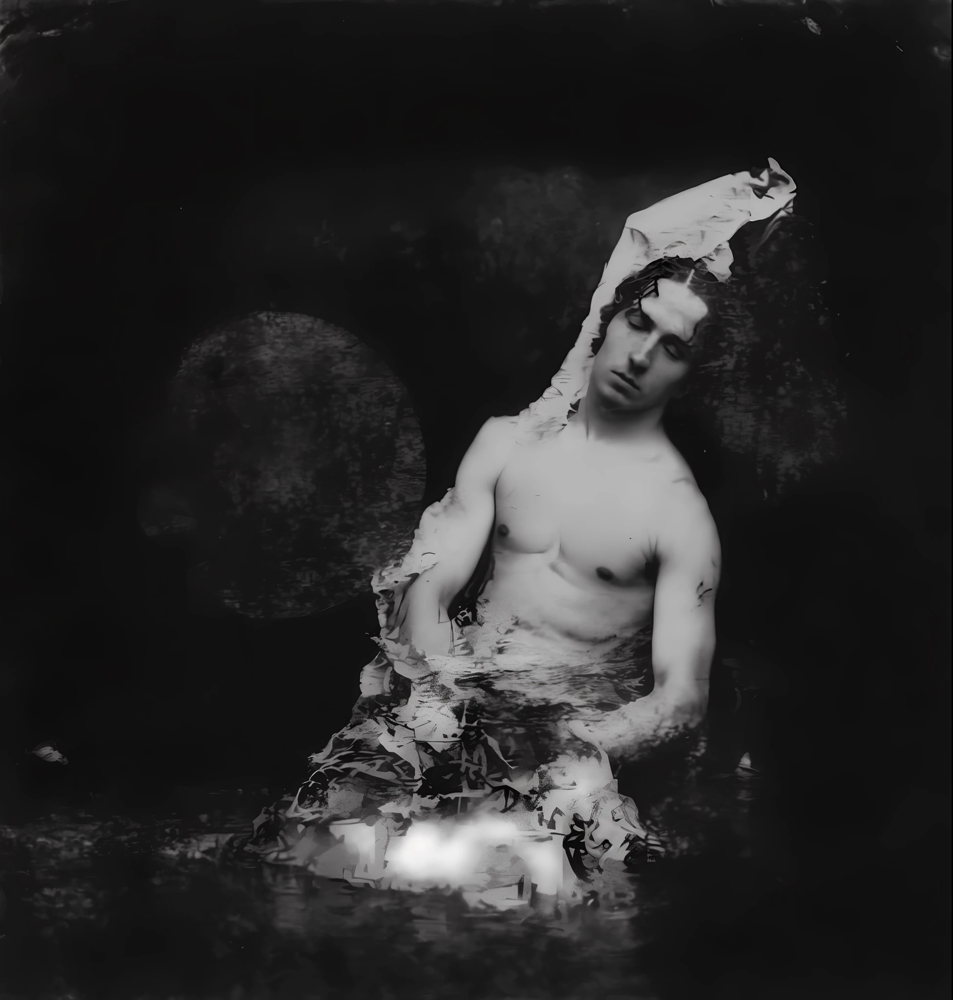 A black-and-white photo of drowned male, Inspired by David Octavius Hill, photogravure, inspired by Eugène Carrière, Painterism, The first ever photograph, inspired by Jean-Jacques Henner, grainy damaged photo, Thermal type, Dougro type, damaged photo, author:Theodul Ribot