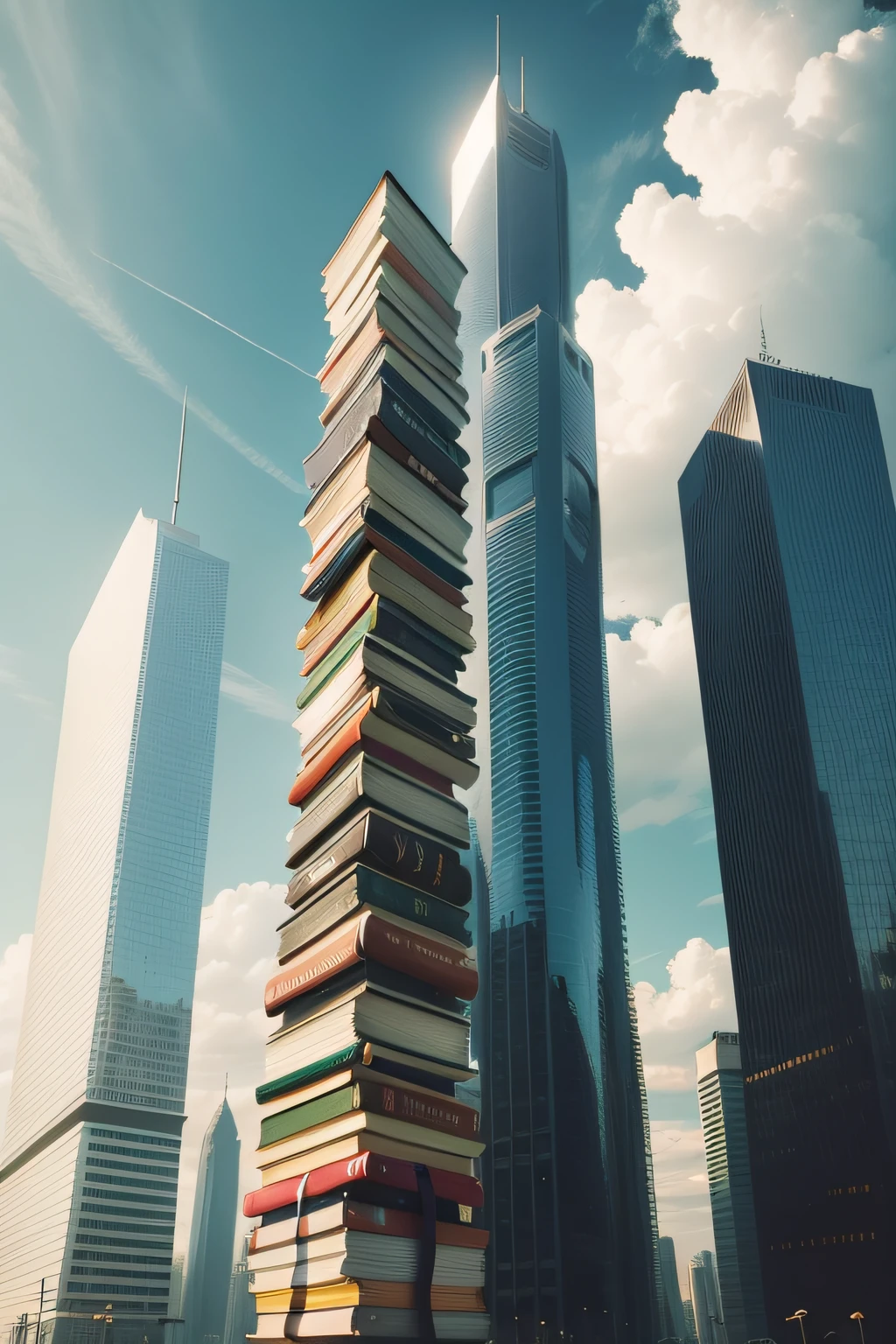 Stack up a lot of books,Form a book tower,Surrounded by other skyscrapers