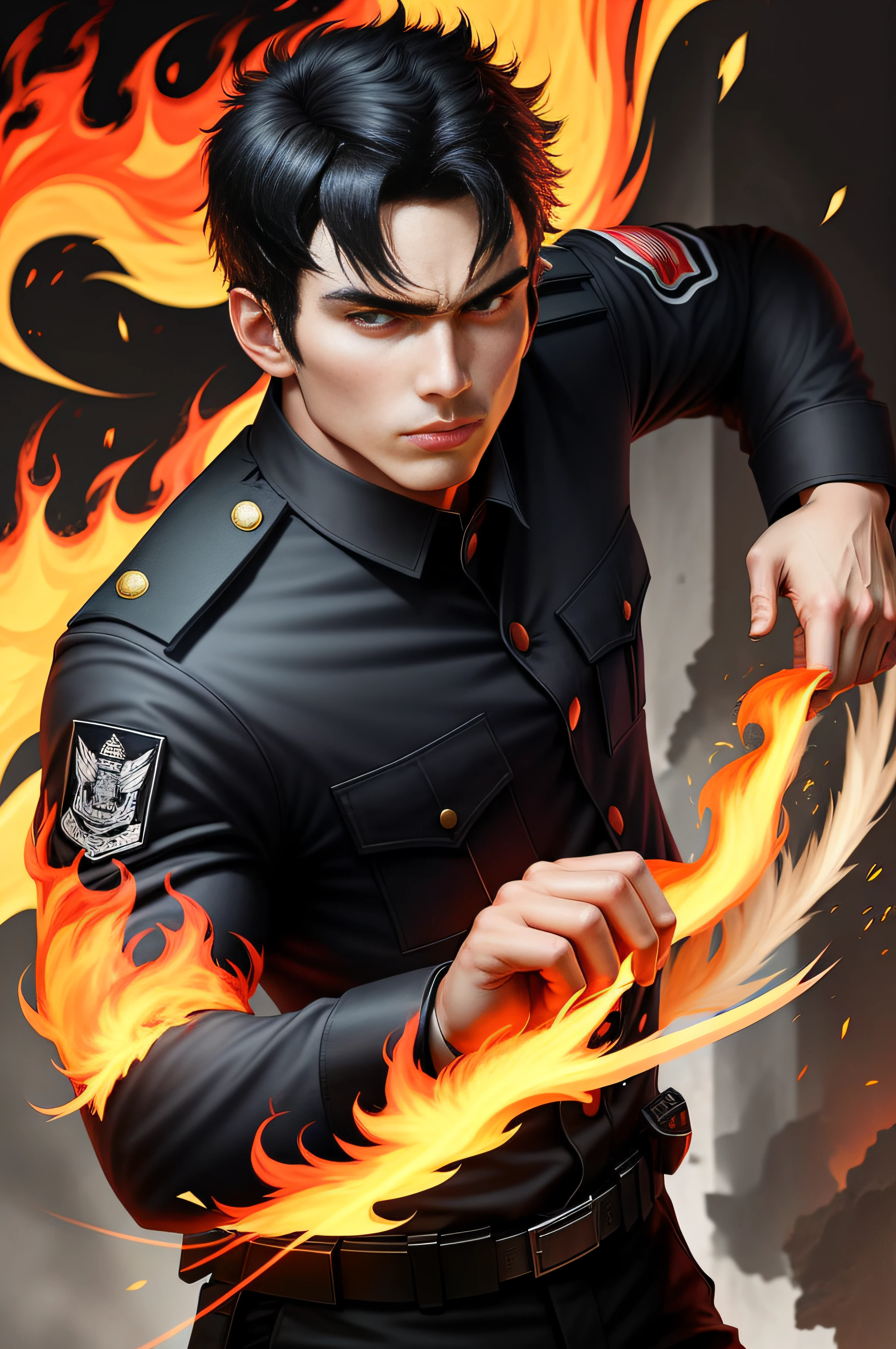 Man in uniform fighting the flames with black hair