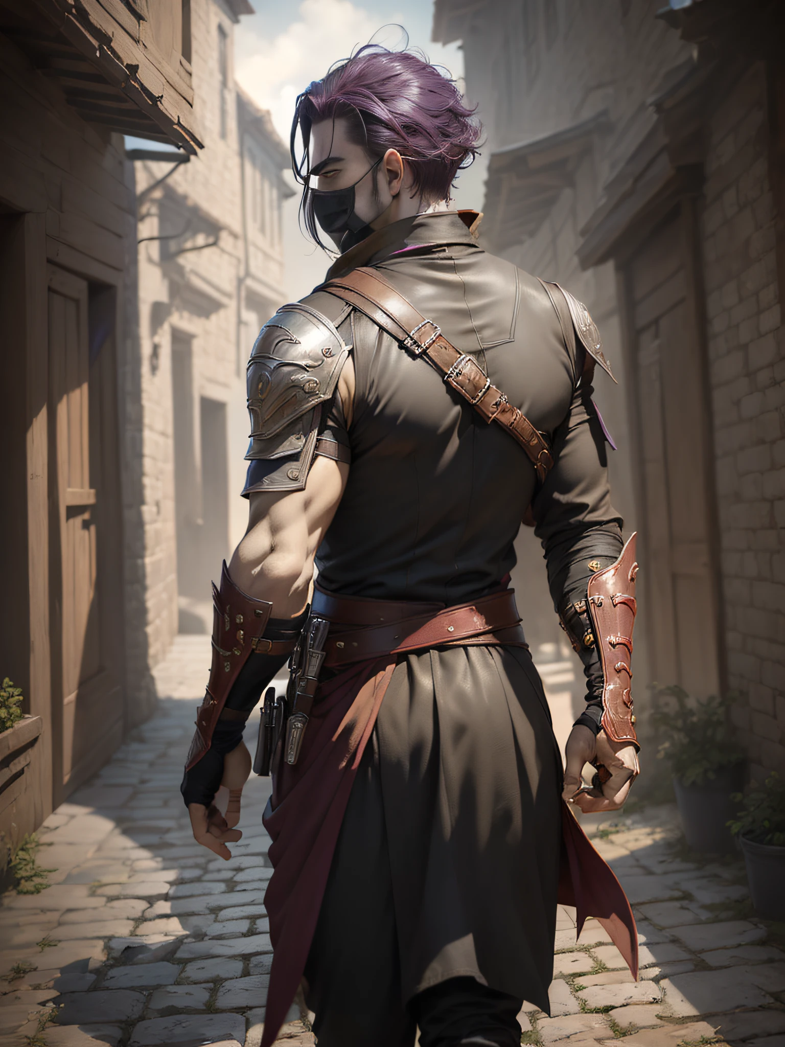 (((masterpiece, Best Quality, ultra-detailed))), (Male talented assassin, walking, look back to viewer, solo, back view, Unapproachable vibe, expressionless, Serious, Perfect fingers, Perfect hands), 35 years old, (Medieval assassin costume, assassin mask), medieval back alley as background, dynamic angle,