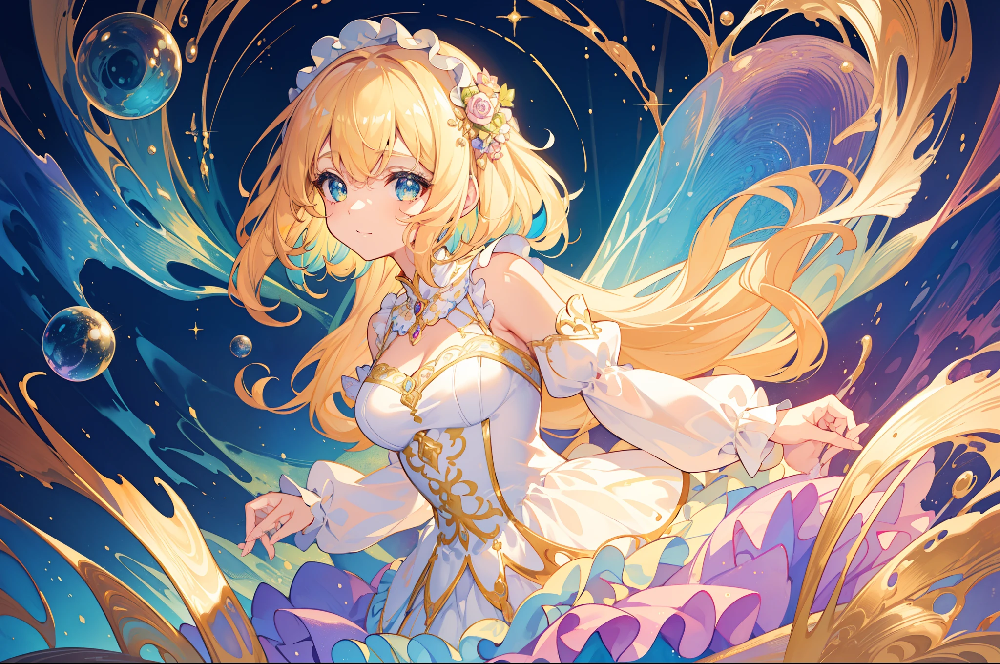 masterpiece, best quality, 8k resolution, sharp focus, intricate detail, beautiful girl, sparkling eyes, golden ratio face, otherworldly liquid, watercolor, pastel colors, bright colors, whimsical, colorful, sharp focus, high resolution, fine detail, ((layered tiered puffy long sleeves ballgown)), ((round eyes)), iridescent bubbles, fantasia background