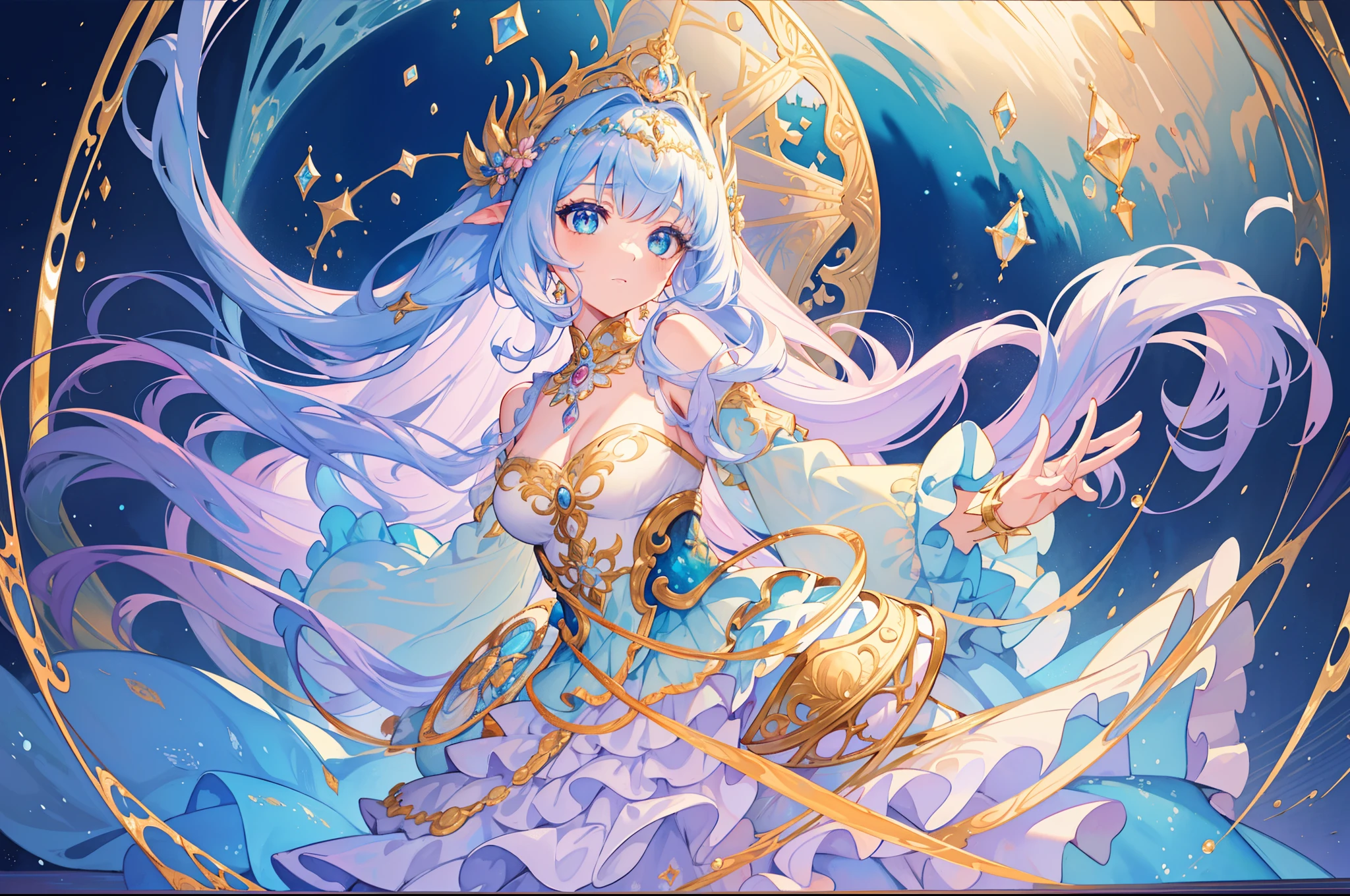 masterpiece, best quality, 8k resolution, sharp focus, intricate detail, beautiful girl, sparkling eyes, golden ratio face, otherworldly liquid, watercolor, pastel colors, bright colors, whimsical, colorful, sharp focus, high resolution, fine detail, ((layered tiered puffy long sleeves ballgown)), ((round eyes)), iridescent bubbles, fantasia background
