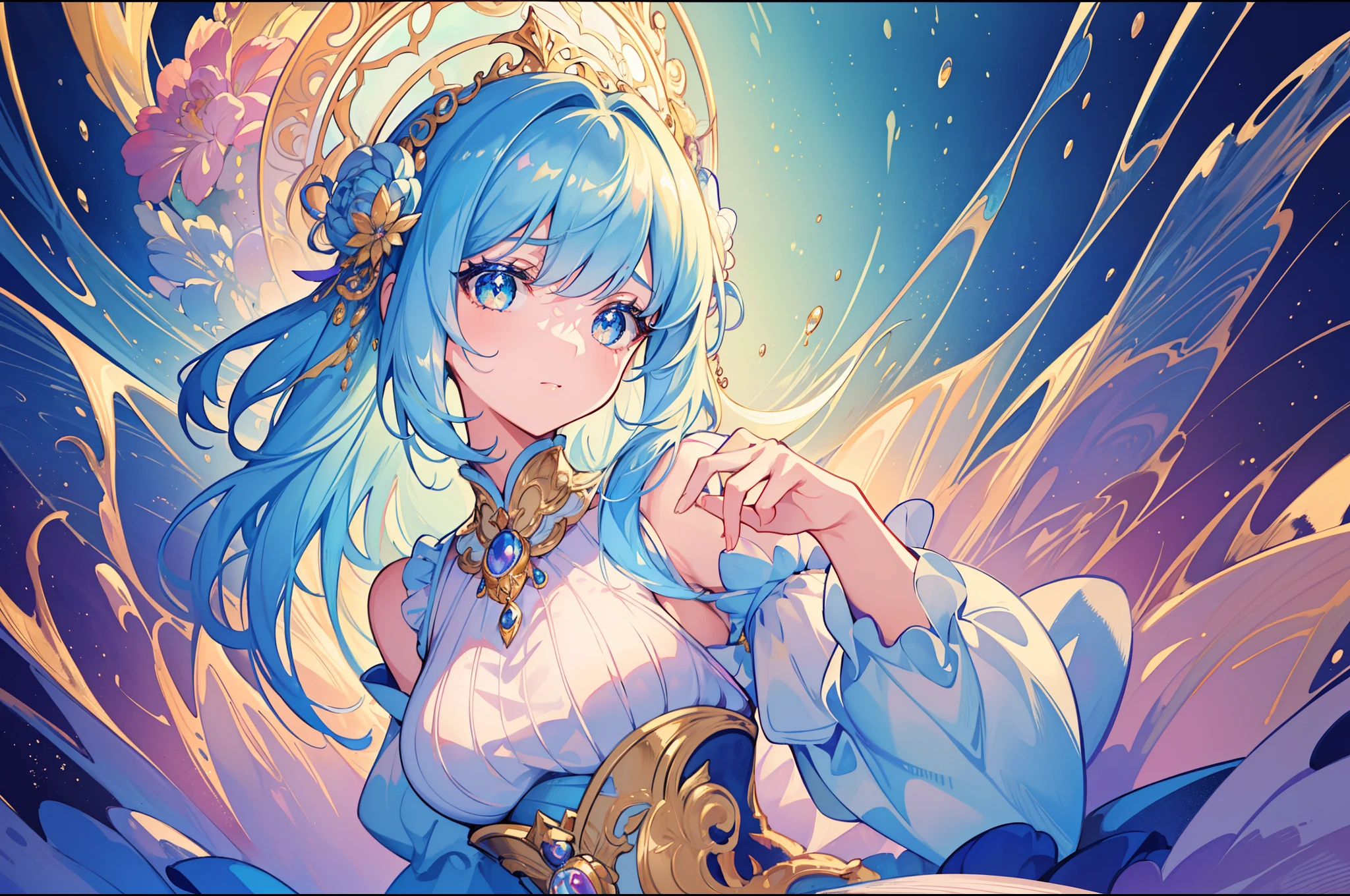 masterpiece, best quality, 8k resolution, sharp focus, intricate detail, beautiful girl, sparkling eyes, golden ratio face, otherworldly liquid, watercolor, pastel colors, bright colors, whimsical, colorful, sharp focus, high resolution, fine detail, ((layered tiered puffy long sleeves ballgown)), ((round eyes)), iridescent bubbles, fantasia background