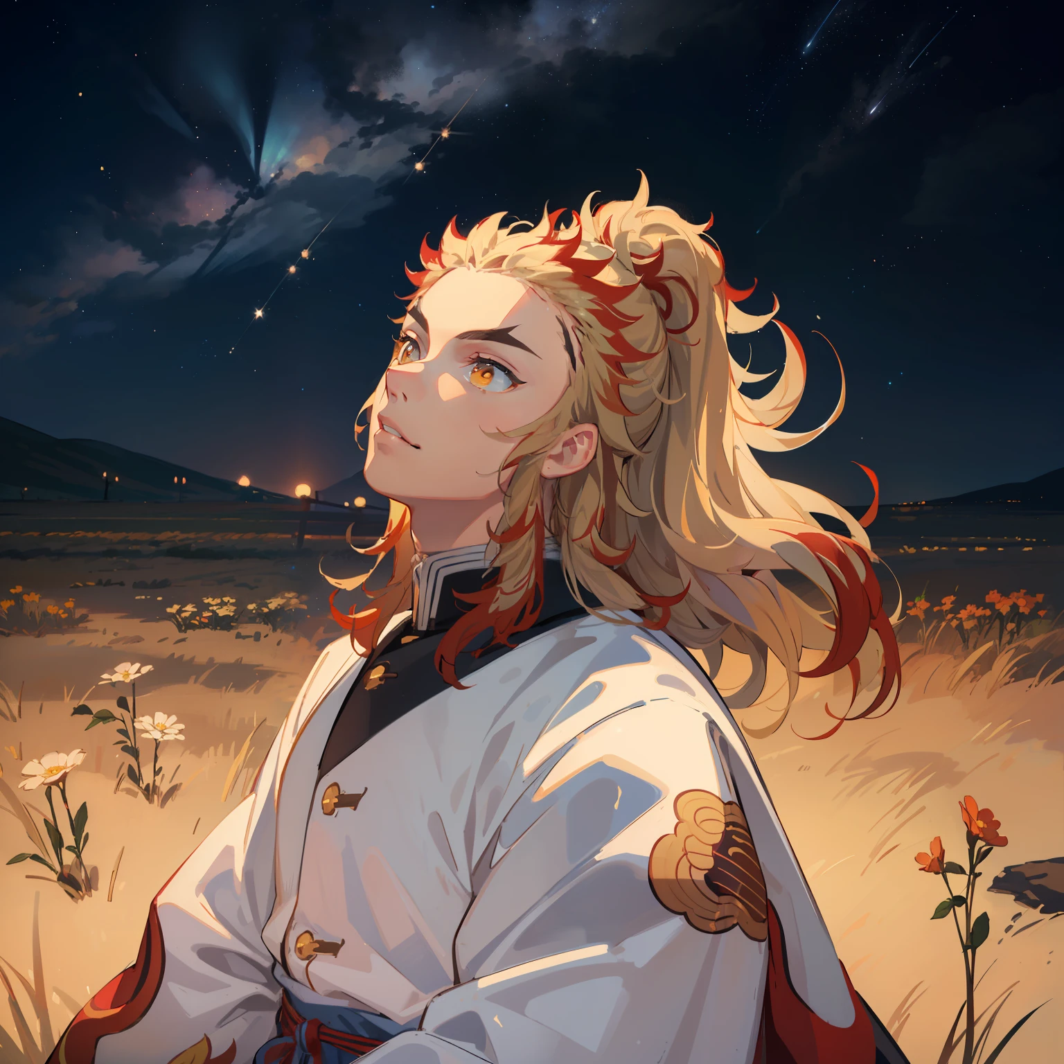 (Masterpiece, Best Quality:1.2), Cowboy shot, 独奏, male focus, 1 adult boy, Rengoku Kyojuro, ssmile, looking a viewer,  Long hair, high ponytail, Split eyebrows, white kimono with red print, full length, (((looking up at the sky))), (((Starry sky))), flower field, With arms outstretched to the sides