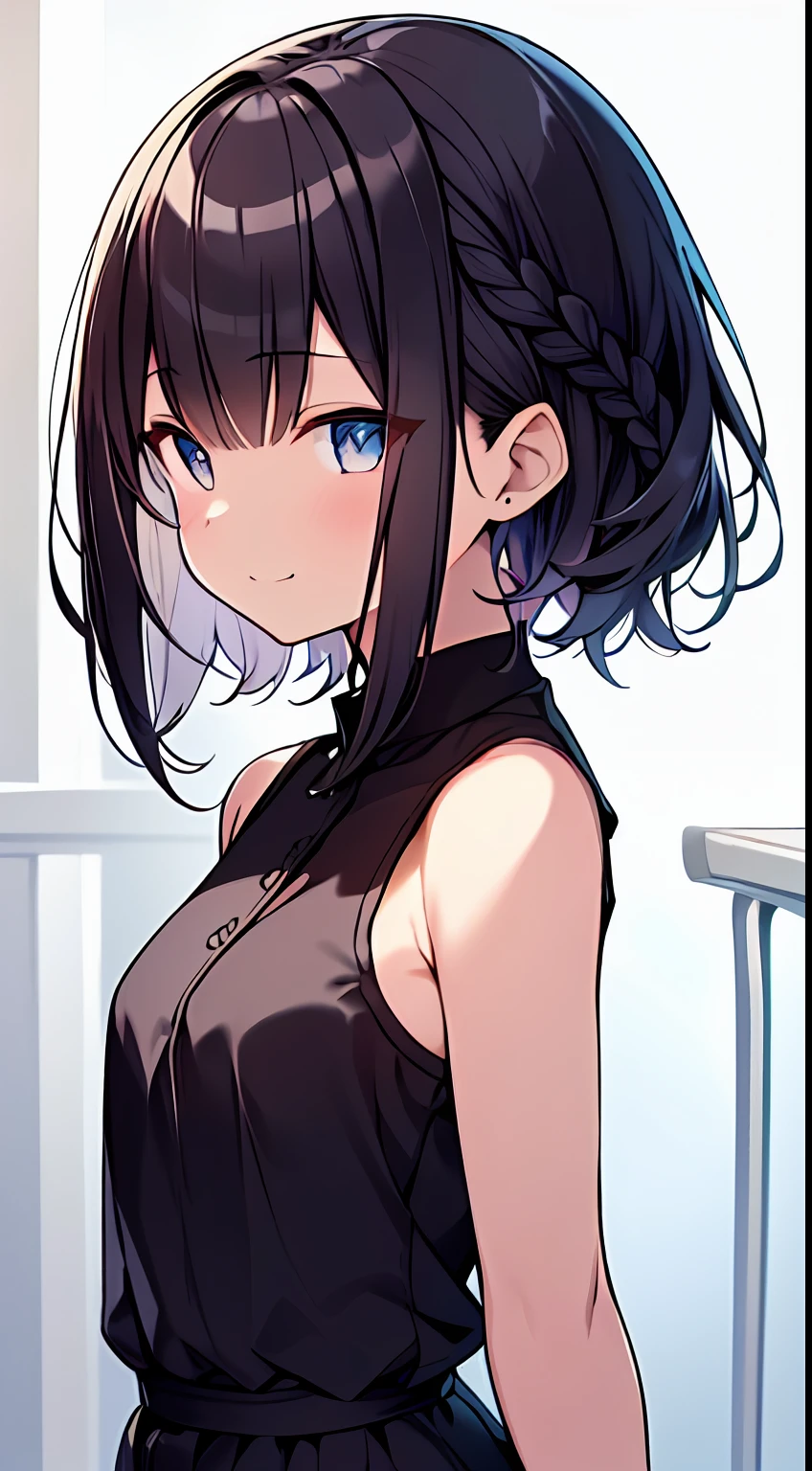 masutepiece, Best Quality,Illustration, Wallpaper, Ultra Detail, 1girl in,Solo,Beautiful detailed eyes,Very thick contour lines、Medium Short-Cut Hair、Short, Braided hair、(sleeveless、student clothes)、Dark hair color、a serene smile、Kamimei、Angle from which you can see the whole body、small head、ample breasts