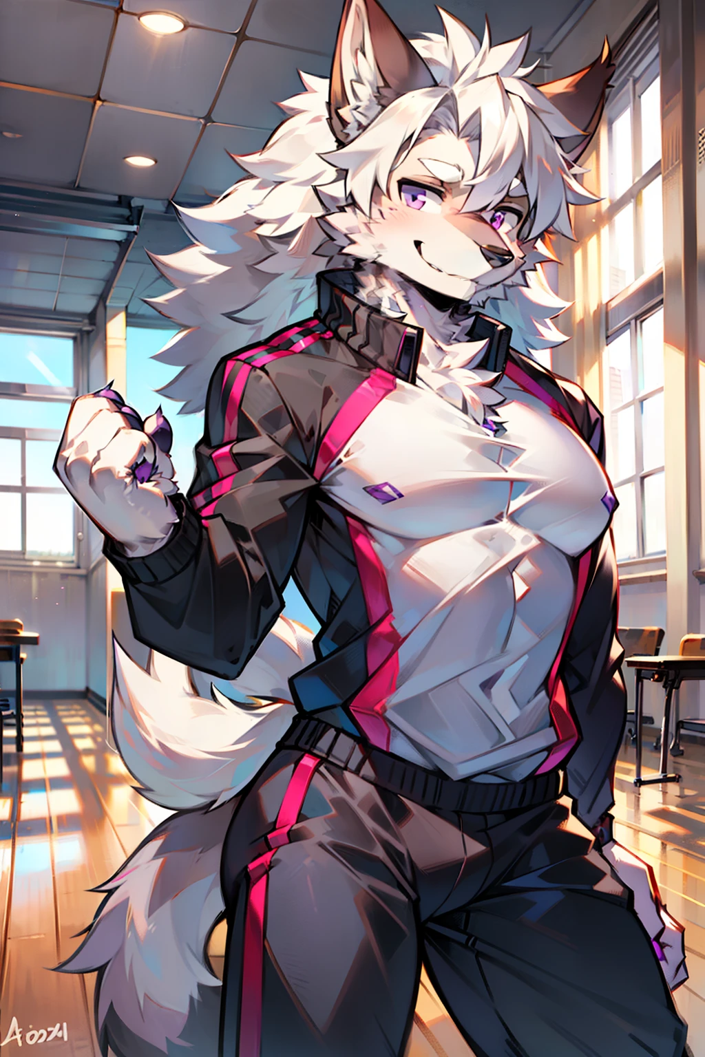 solo person,shaggy male,hairy bodies,shoun,coyote,canid,Gray fur,long white hair,The ends of the hair are purple,Purple eye,Handsome,large tail,full bodyesbian,ear studs,gym room,Fitness,tightsuit