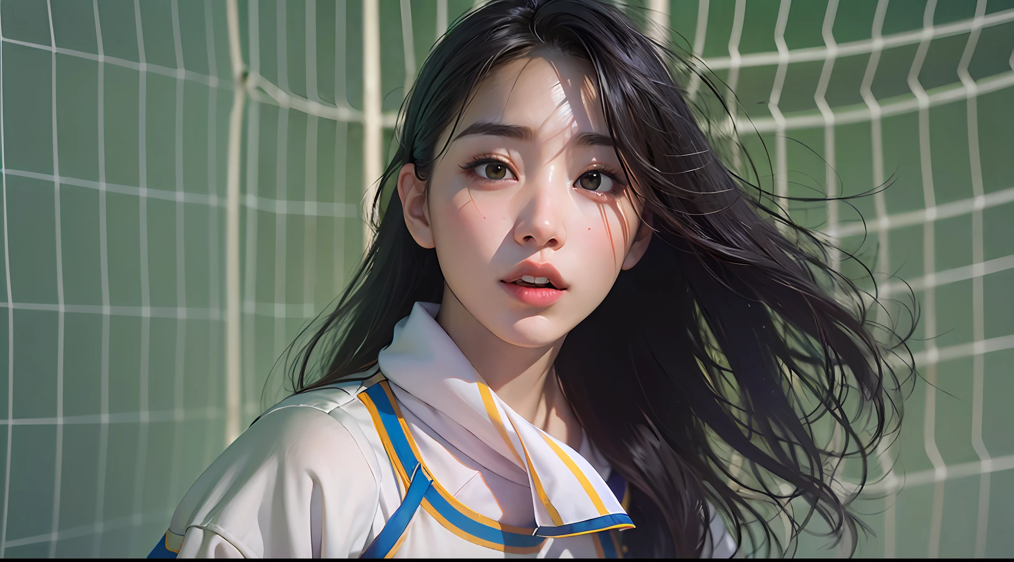 (8k, best quality, masterpiece:1.2), (realistic, photo-realistic:1.37), ultra-detailed,best quality, ultra high res, professional lighting, photon mapping, radiosity, physically-based rendering, cinematic lighting, basketball court,depth of field, sharp focus,sunbeam, good composition,(bokeh:1.2) 1girl,solo,(full body), (closed mouth),beautiful detailed eyes, pose, narrow waist,basketball uniform, black hair,messy hair,long hair floating in wind,(ulzzang-6500:1.2)
mix4, hiqcgbody