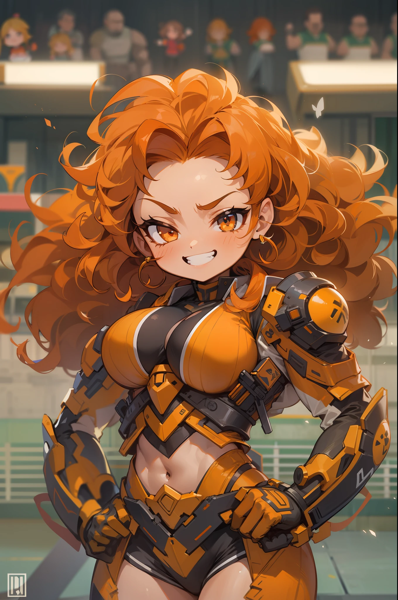 1 girl, long orange curly hair, futuristic gladiatir outfit, tall ,muscle, in arena, smirk, big breast, mature woman, ((chibi))