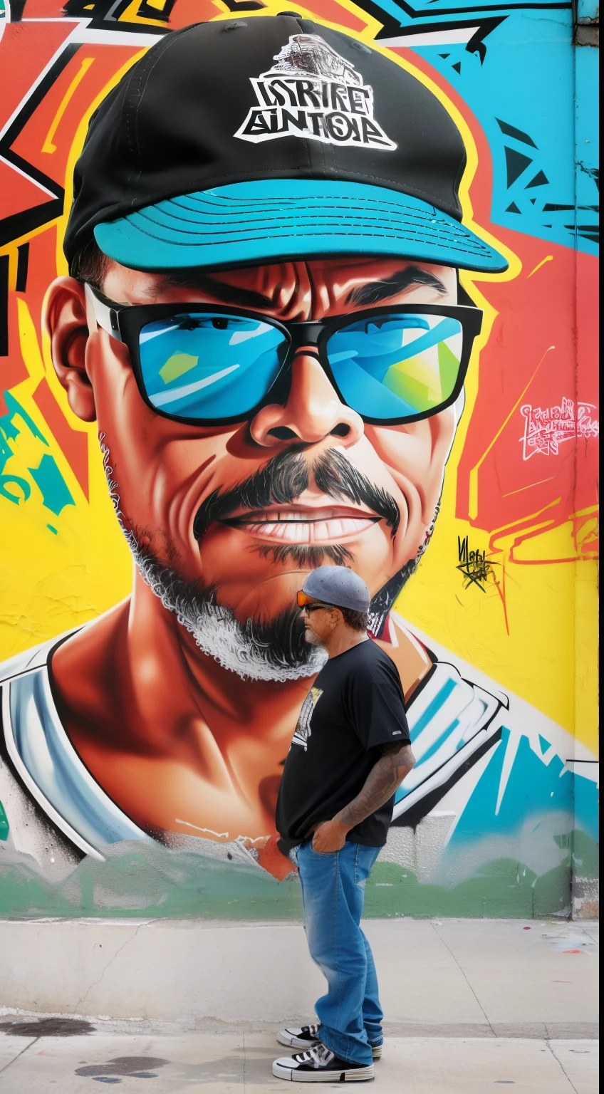 guttonerdvision10, pintura em uma parede de um predio alto de um homem skatista usando oculos de sol, corpo inteiro, wearing skateboarder clothes and cap. Graffiti By Mr. Brainwash