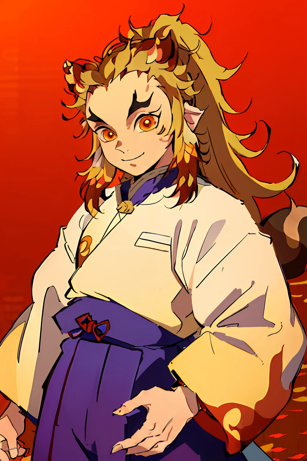 (Masterpiece, Best Quality:1.2), Cowboy shot, 独奏, male focus, 1 adult boy, Rengoku Kyojuro, ssmile, looking a viewer,  Long hair, high ponytail, Split eyebrows, abstraction, (((Tanuki's ears))), (((tail))), (((Onmeji Clothing)))