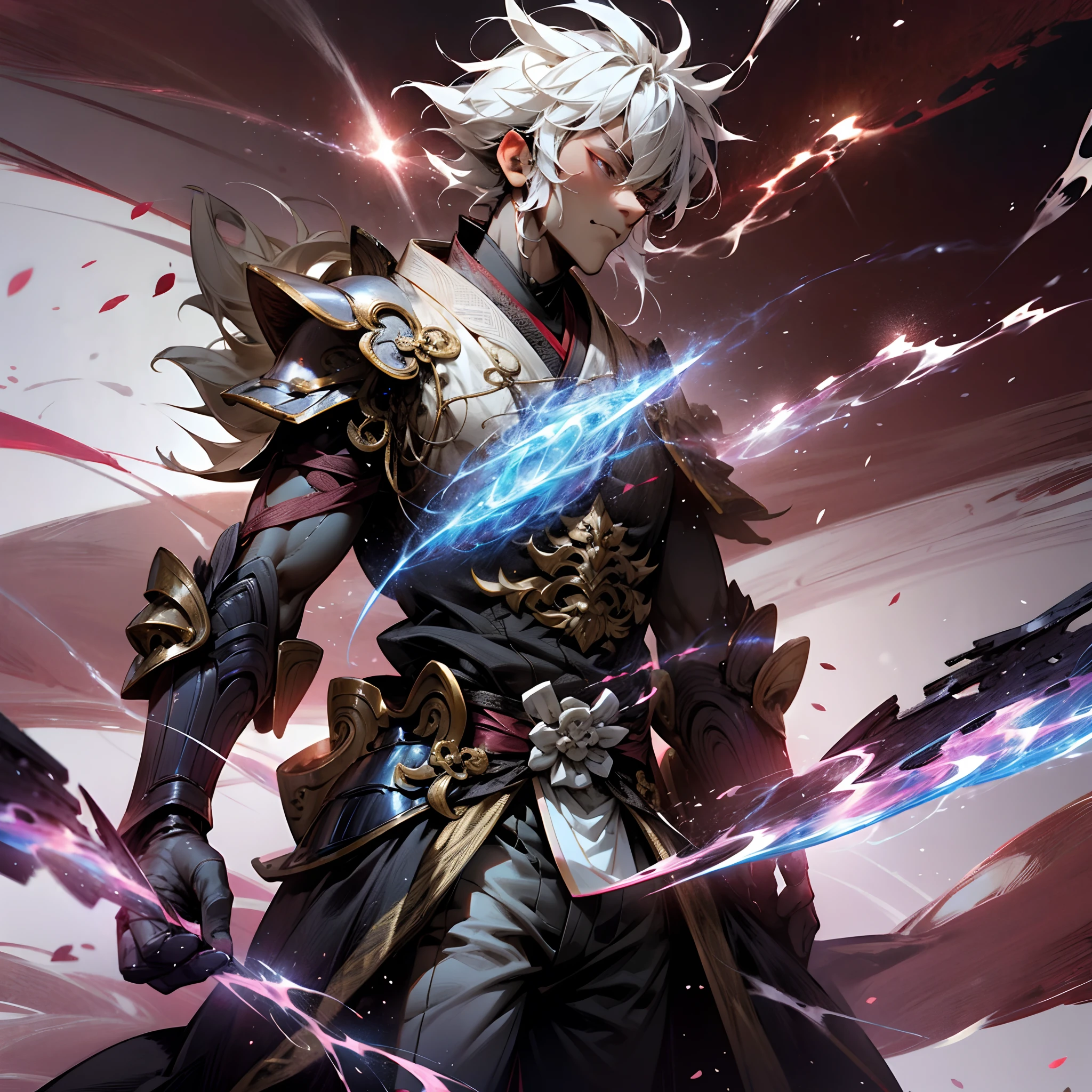 Nichimanga style, Zen ZEN, 1 man, delicate face, wearing armor, surrounded by Chinese characters, with lightning bolts on his body, a divine dragon behind his back, perfect hands, normal fingers, zen