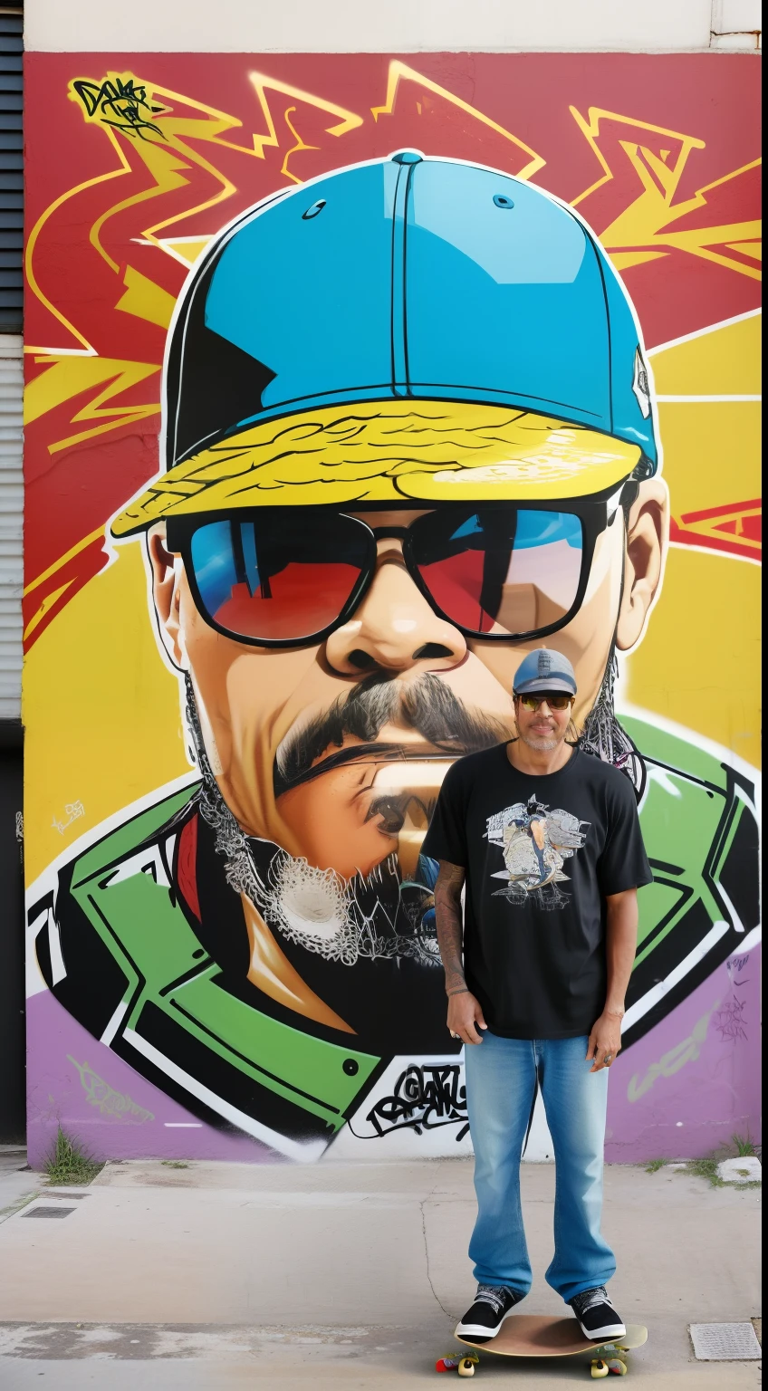guttonerdvision10, pintura em uma parede de um predio alto de um homem skatista usando oculos de sol, corpo inteiro, wearing skateboarder clothes and cap. Graffiti By Mr. Brainwash