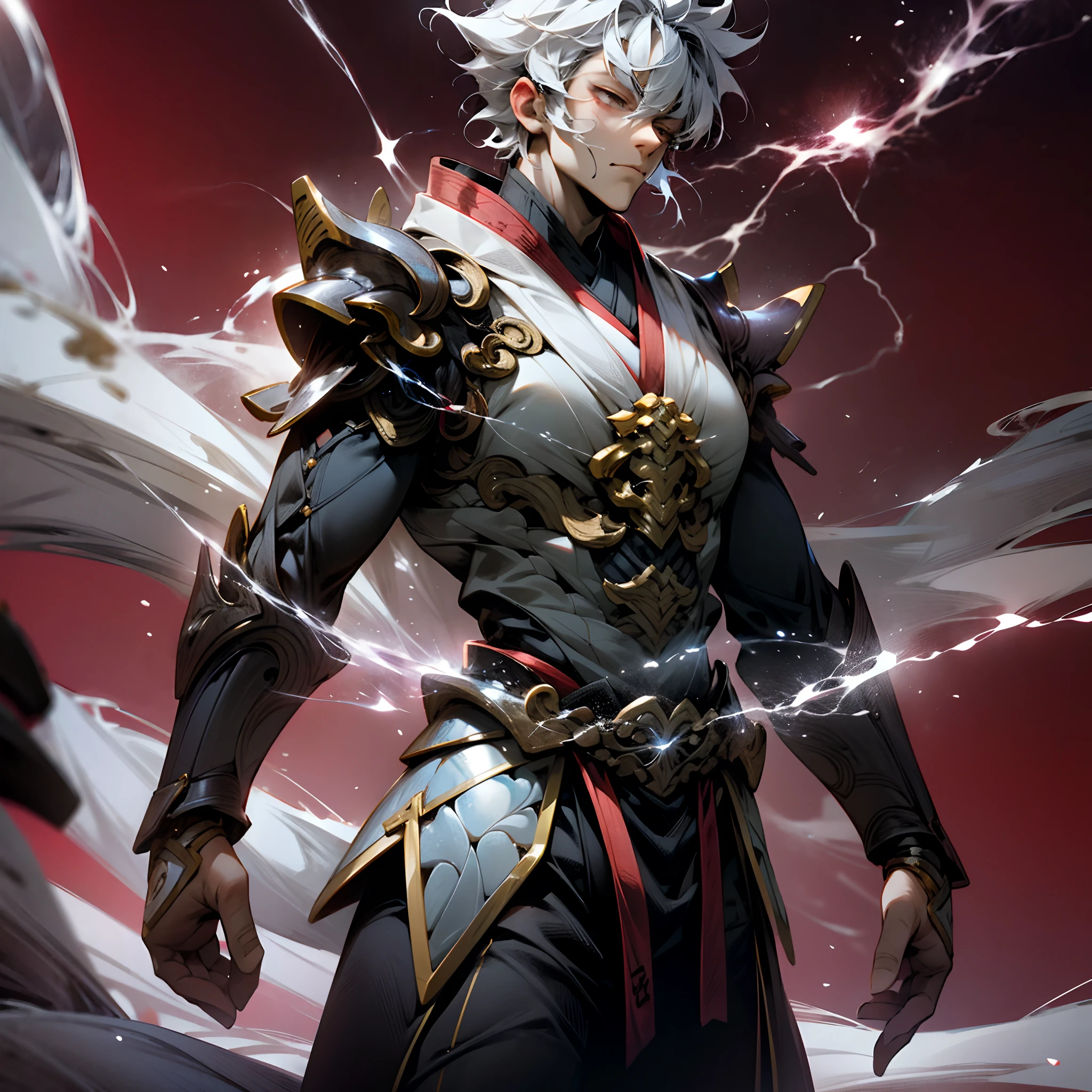Nichimanga style, Zen ZEN, 1 man, delicate face, wearing armor, surrounded by Chinese characters, with lightning bolts on his body, a divine dragon behind his back, perfect hands, normal fingers, zen