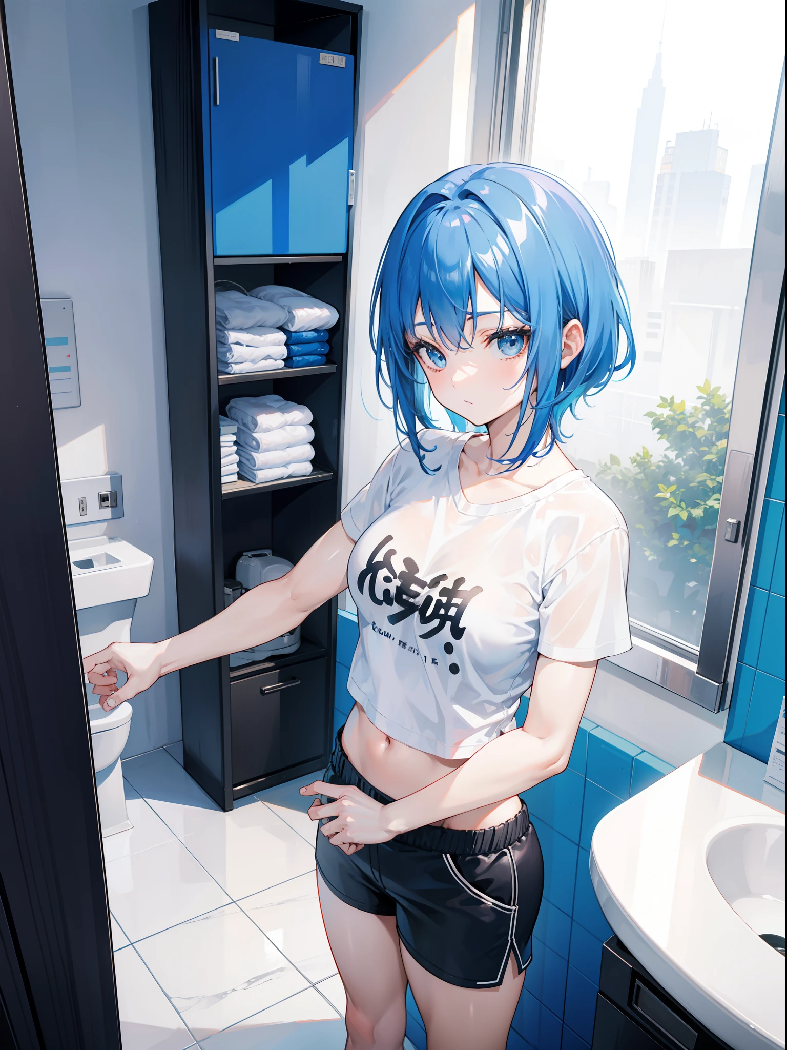 Blue-haired beautiful girl,white short sleeve,Black shorts,Stand on the toilet,Show developed muscles,Fit and fit