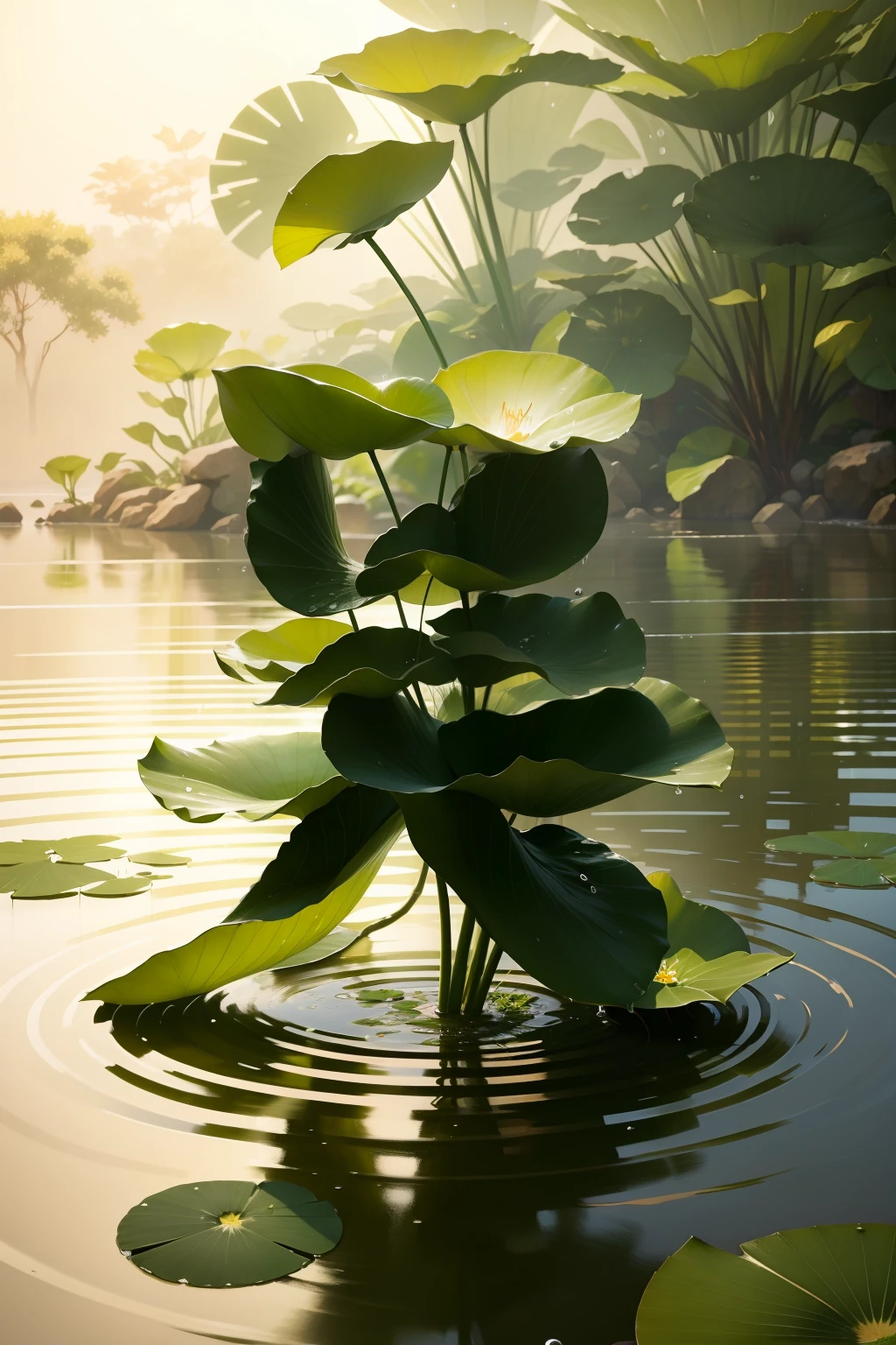 Lotus in bloom。Splashing water droplets