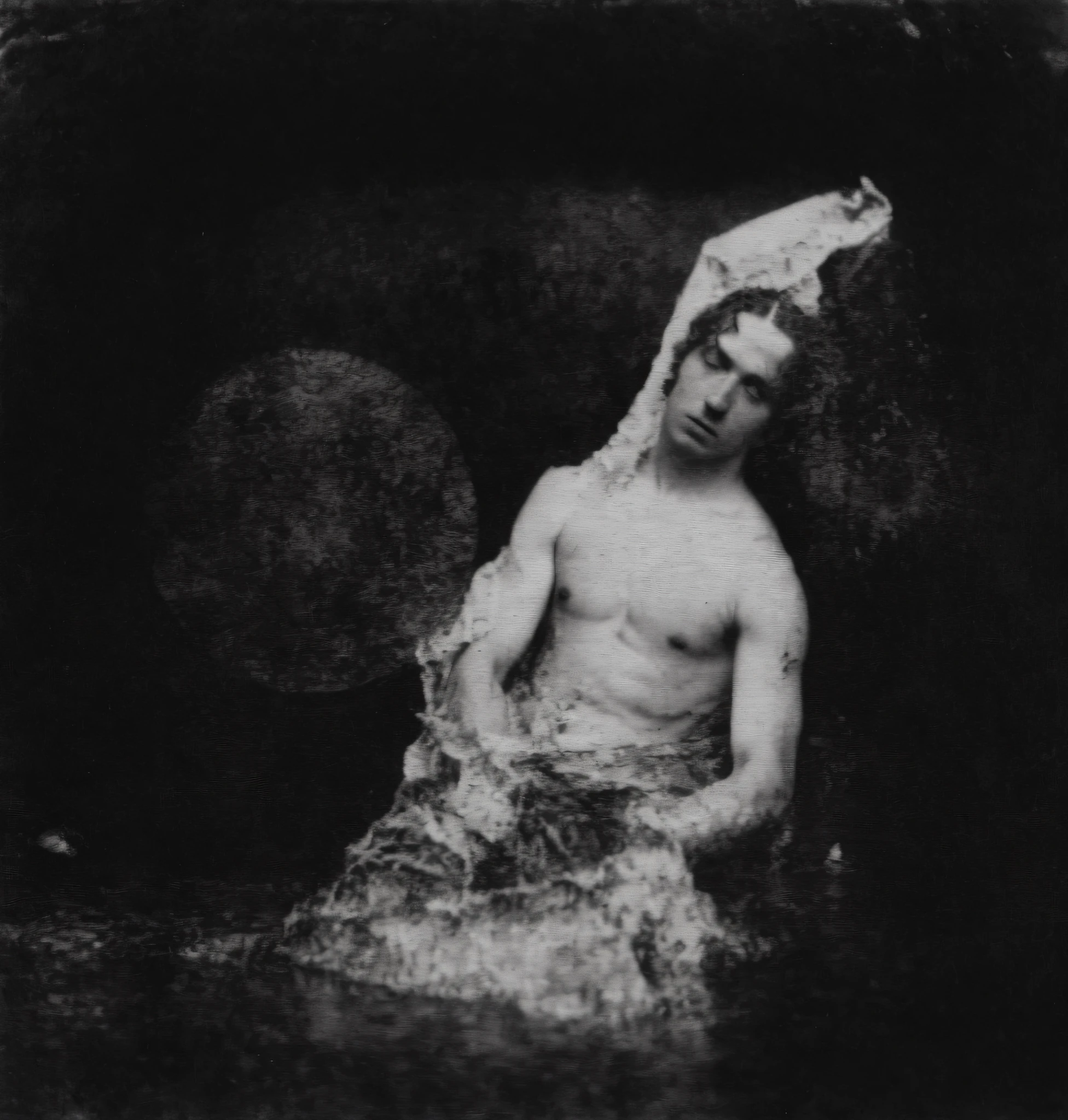 A black-and-white photo of drowned male, Inspired by David Octavius Hill, photogravure, inspired by Eugène Carrière, Painterism, The first ever photograph, inspired by Jean-Jacques Henner, grainy damaged photo, Thermal type, Dougro type, damaged photo, author：Theodul Ribot