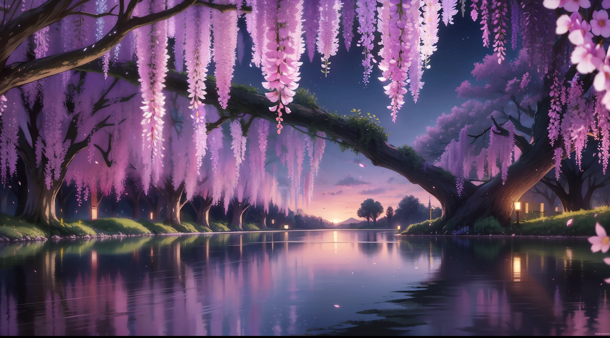 Background with， CG， pnon， the night， themoon， wisteria，A huge wisteria tree， cheery blossom， On one side is the sky，On the other side is the pond， in a panoramic view， Ray traching， reflective light， Extreme opposite， 8K， tmasterpiece， best qualtiy， high qulity， high detal， super detailing， A high resolution， UHD