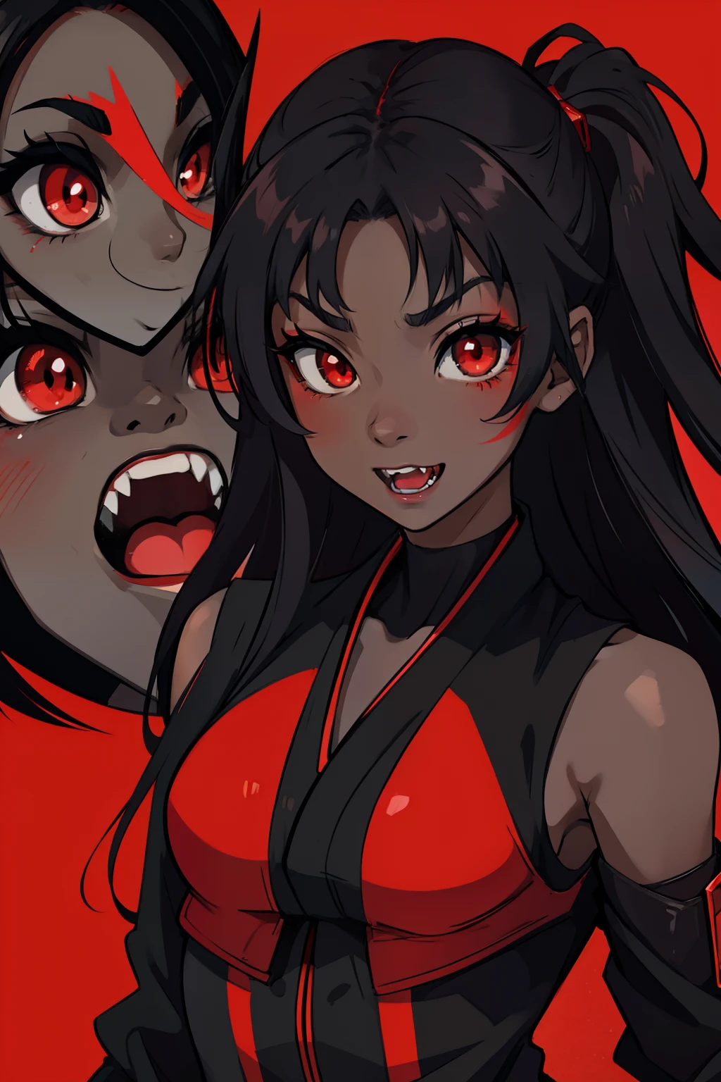 "Anime Manga Girl with charming fangs and vibrant red eyes, showcasing a beautiful combination of black and grey skin tones."