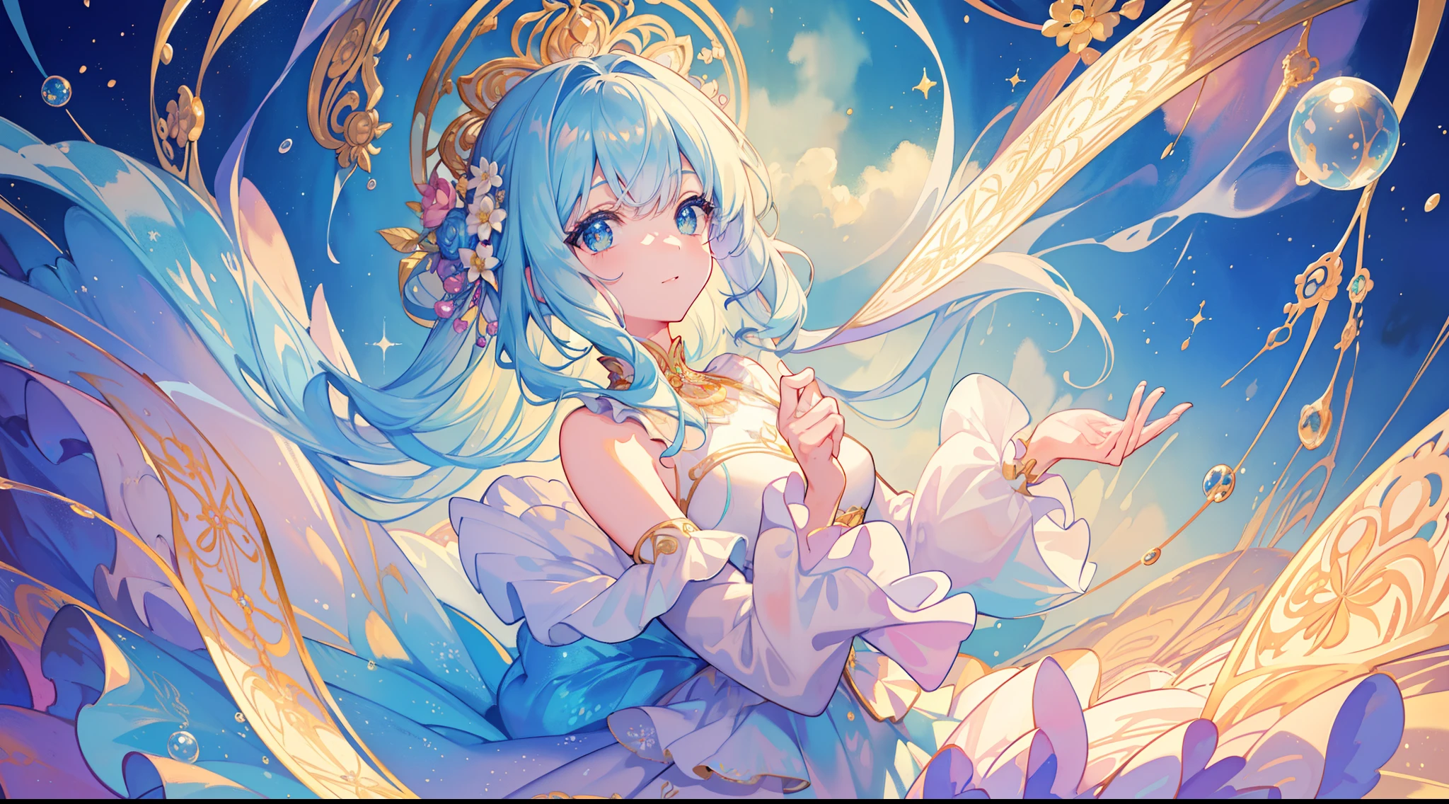 masterpiece, best quality, 8k resolution, sharp focus, intricate detail, beautiful girl, sparkling eyes, golden ratio face, otherworldly liquid, watercolor, pastel colors, bright colors, whimsical, colorful, sharp focus, high resolution, fine detail, ((layered tiered puffy long sleeves ballgown)), ((round eyes)), iridescent bubbles, fantasia background